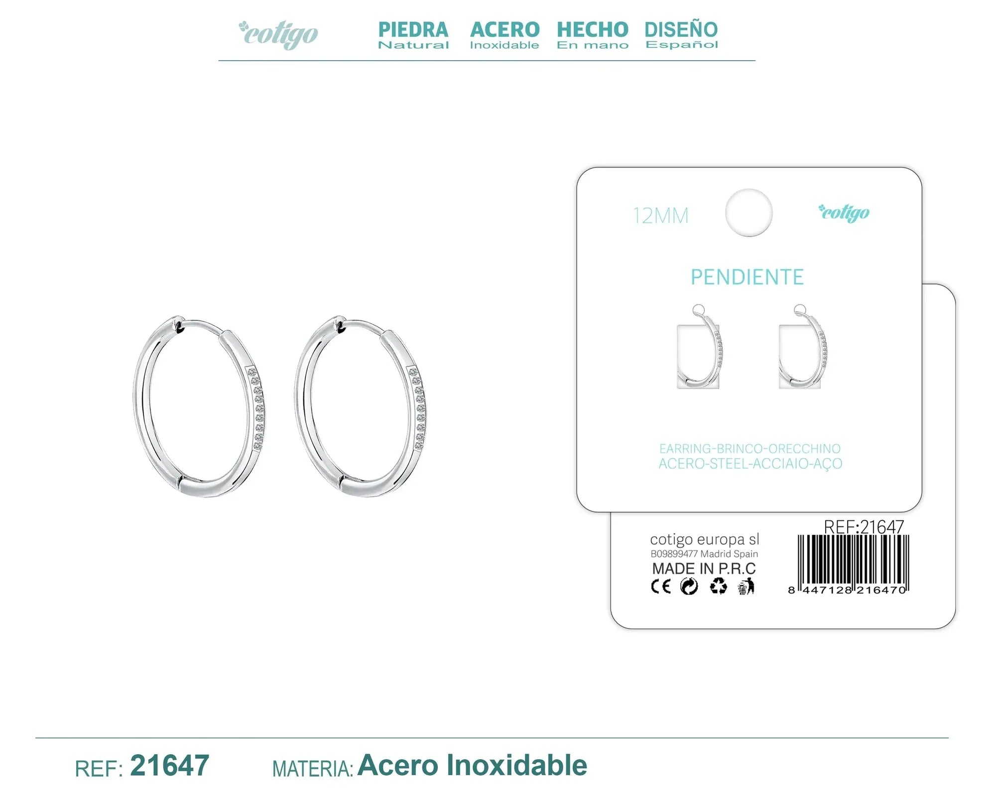 Pendiente Aro Acero 12mm Circonita Transparente Plateado