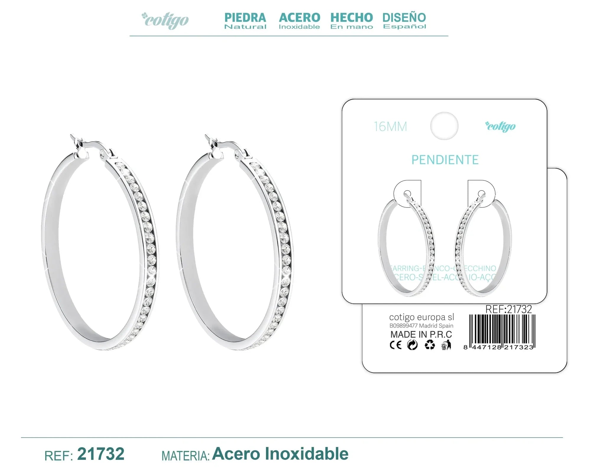 Pendiente Aro Acero 16mm Circonita Transparente Plateado