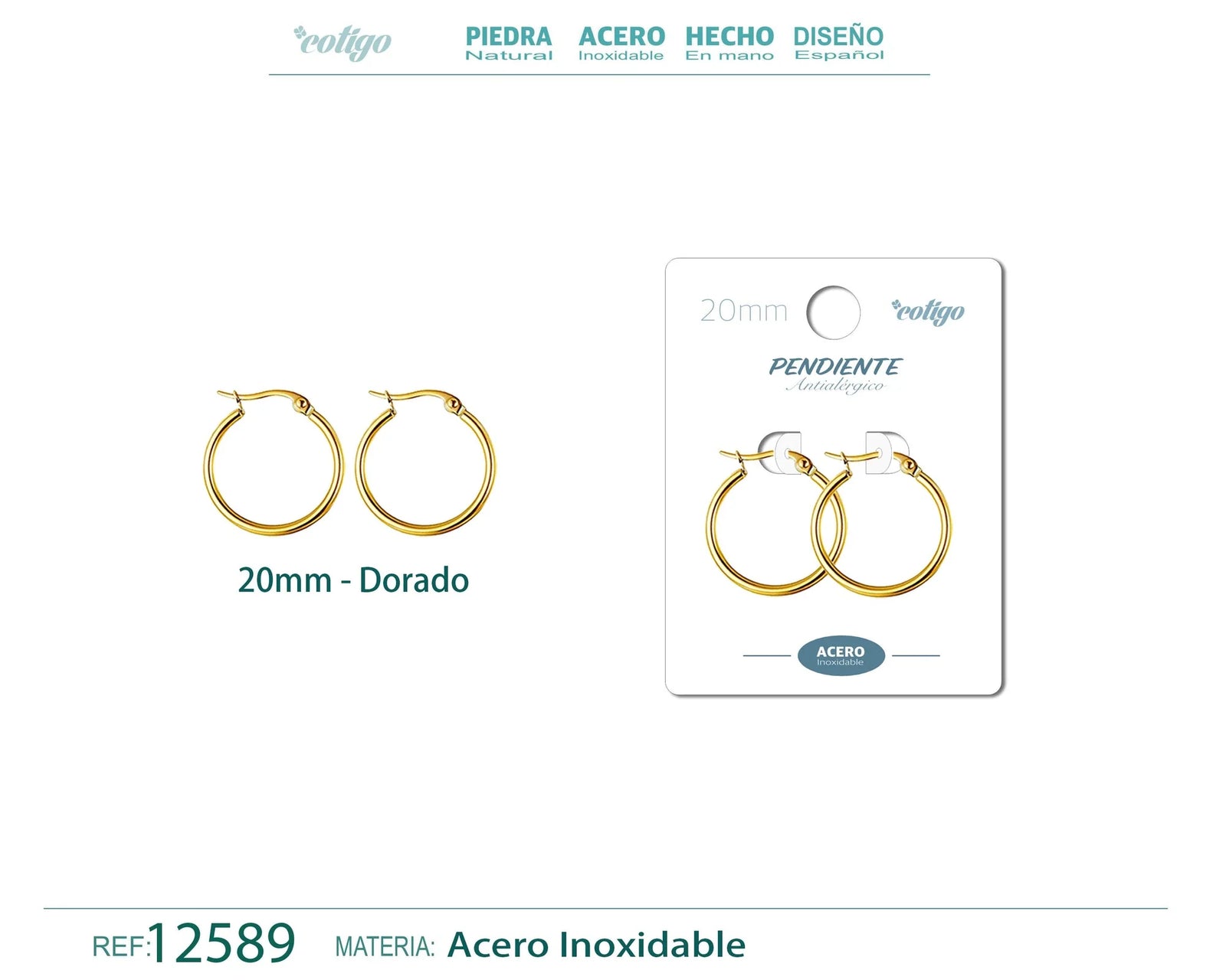 Pendiente Aro Acero 20 mm Dorado