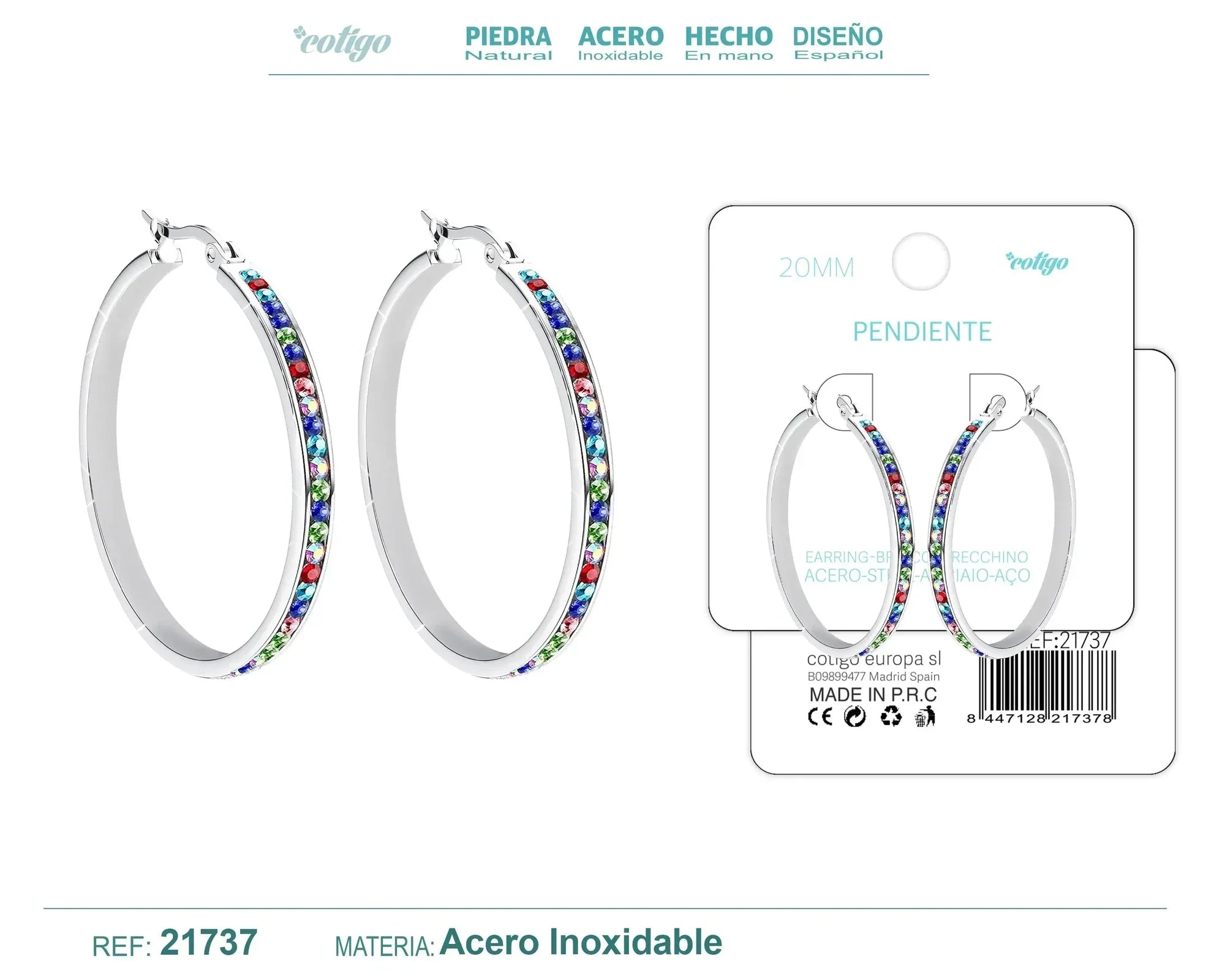 Pendiente Aro Acero con Circonita Colores Plateado Modelo 3 20mm