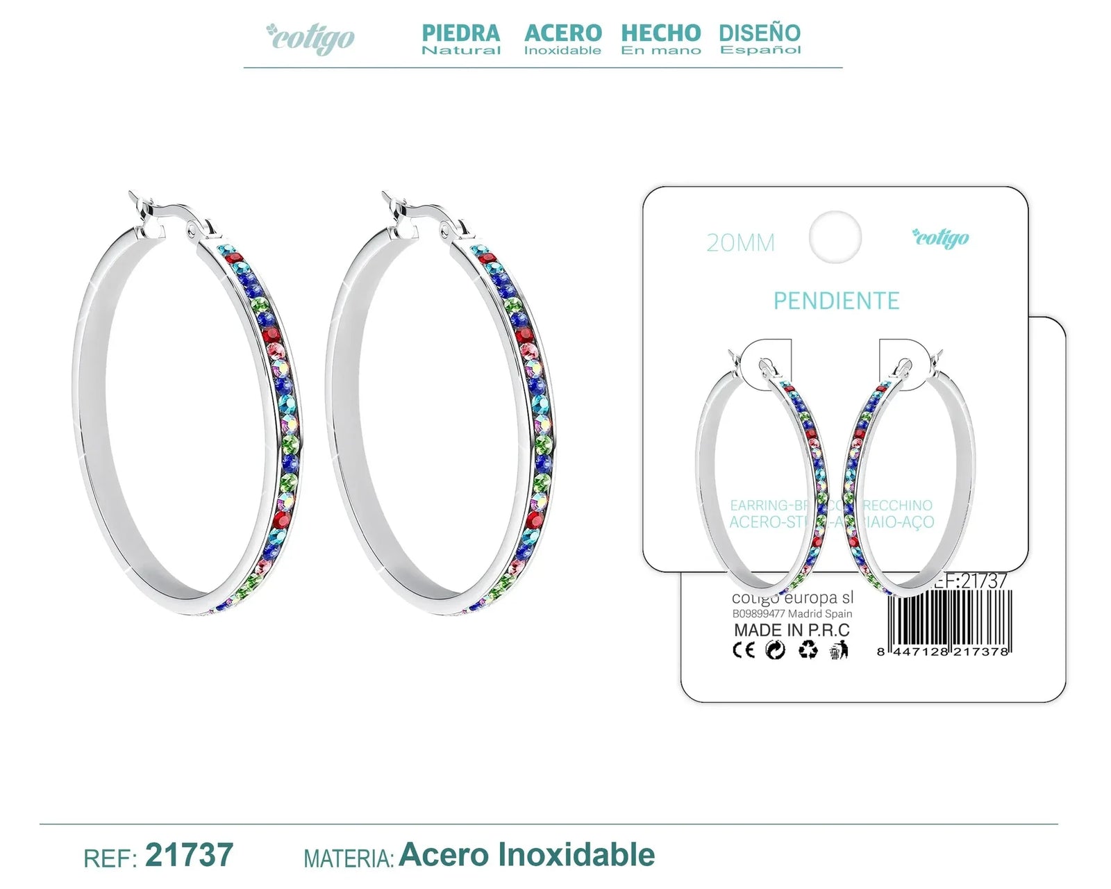 Pendiente Aro Acero 20mm Circonita Colores Plateado