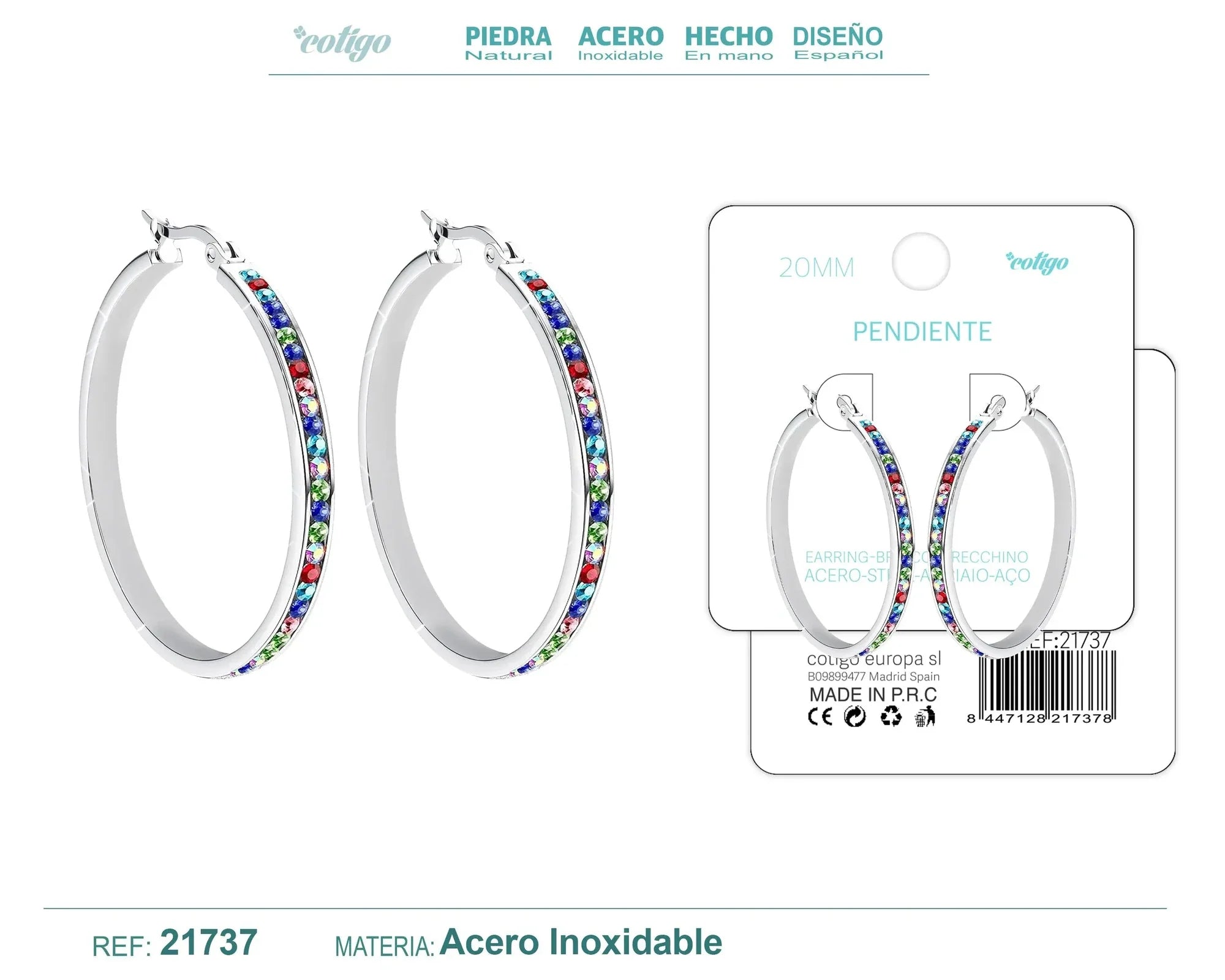 Pendiente Aro Acero 20mm Circonita Colores Plateado