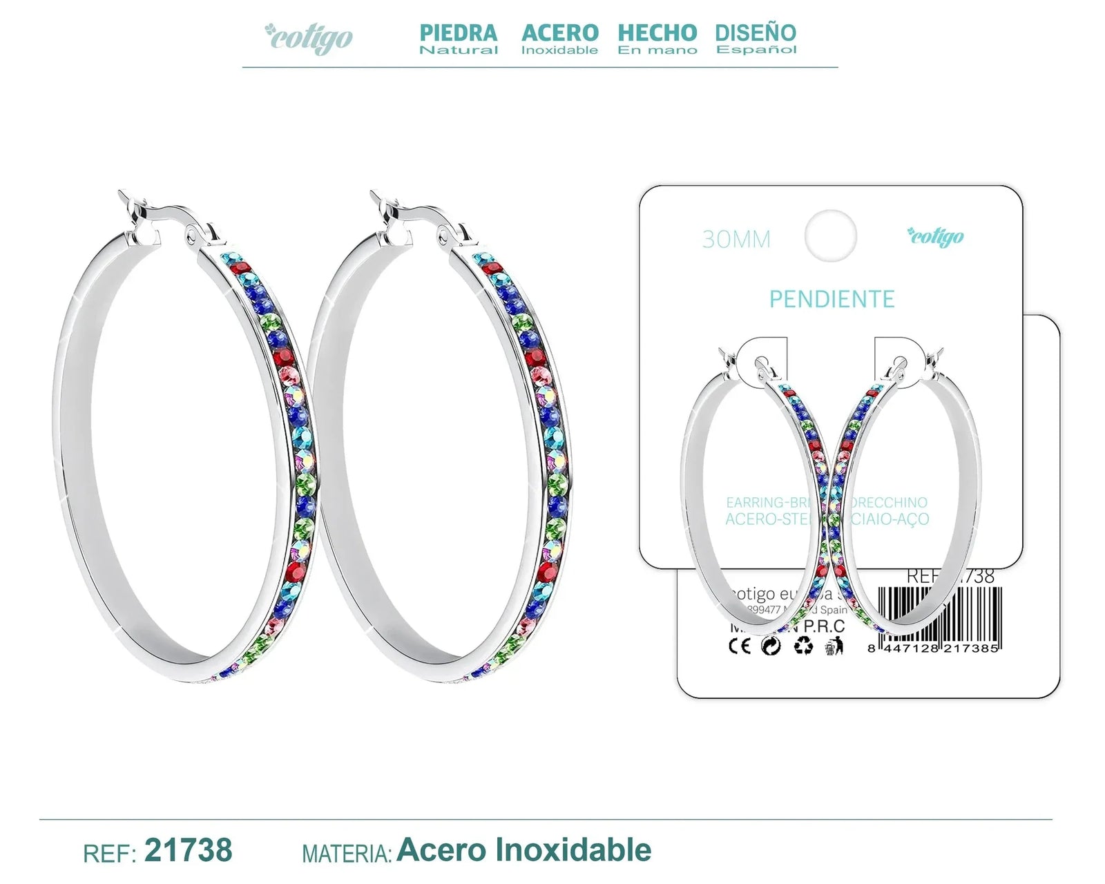 Pendiente Aro Acero 30mm Circonita Colores Plateado