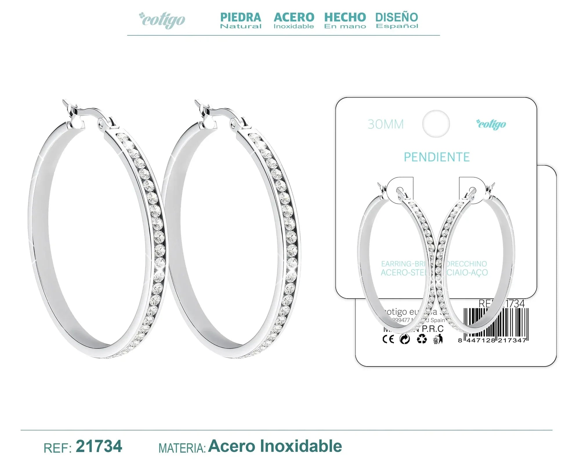 Pendiente Aro Acero 30mm Circonita Transparente Plateado