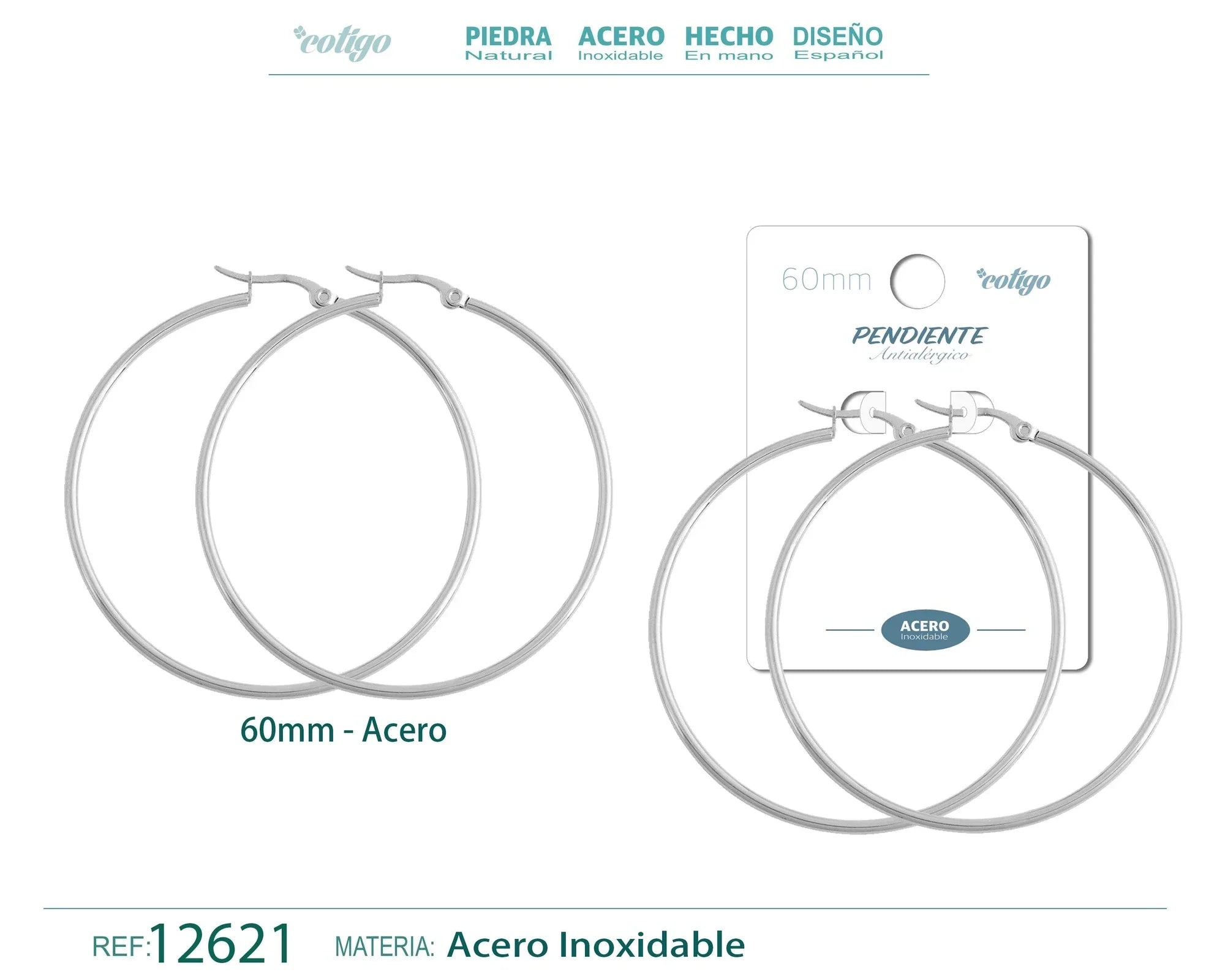 Pendiente Aro Acero 60 mm Plateado - Plateado