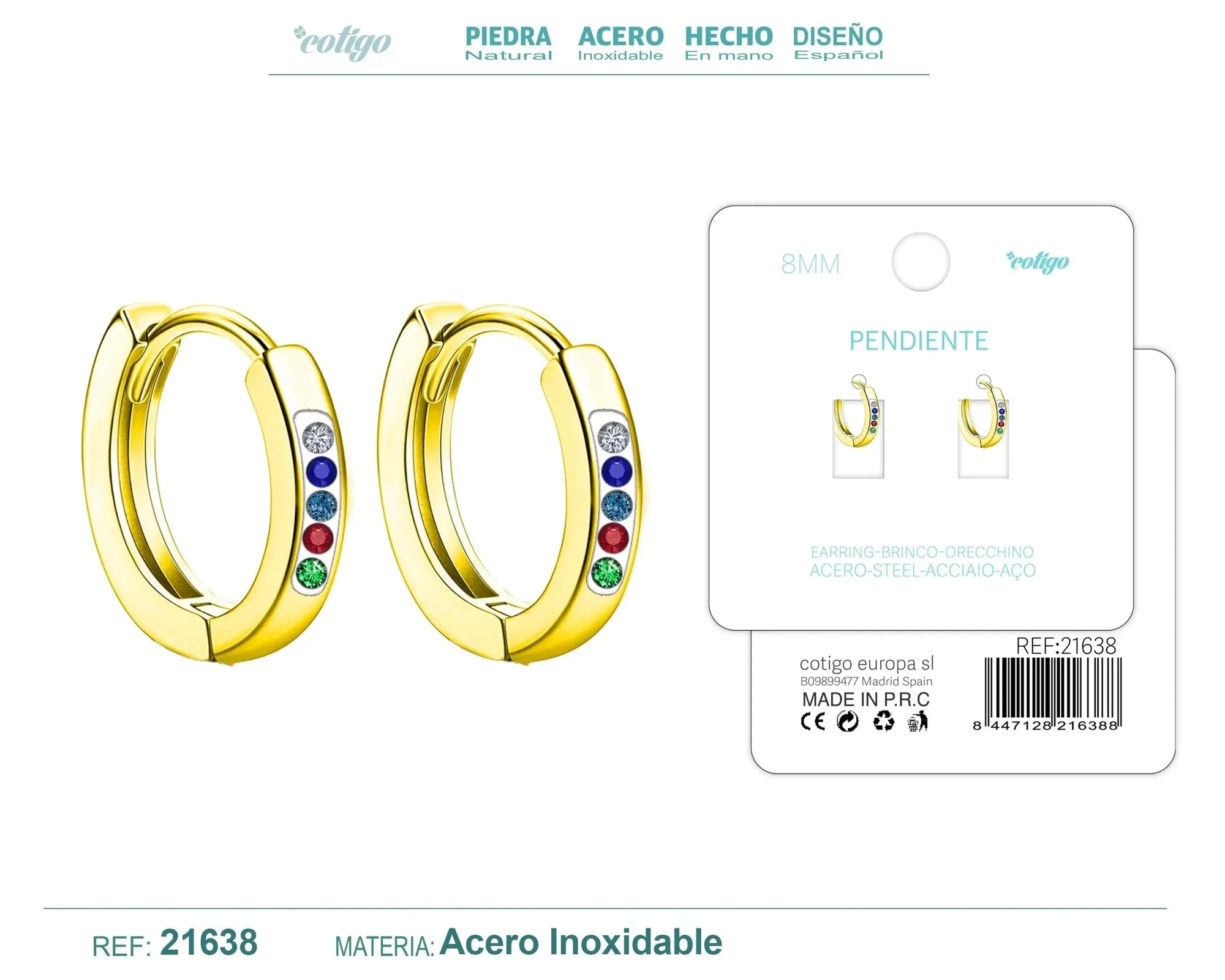 Pendiente Aro Acero 8mm Circonita Colores Dorado Modelo 2