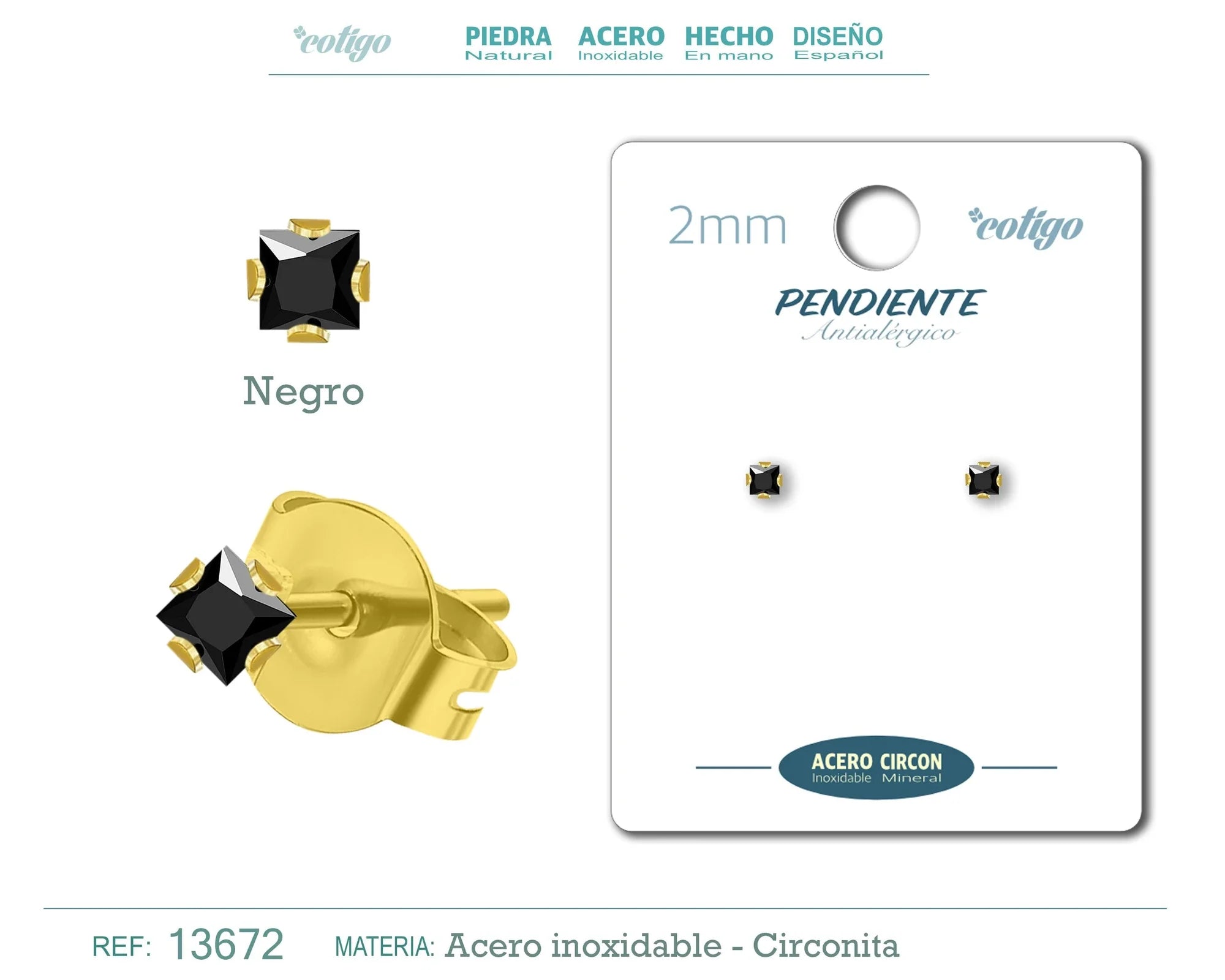 Pendiente Circonita Cuadrada Negra 2 mm Acero Dorado