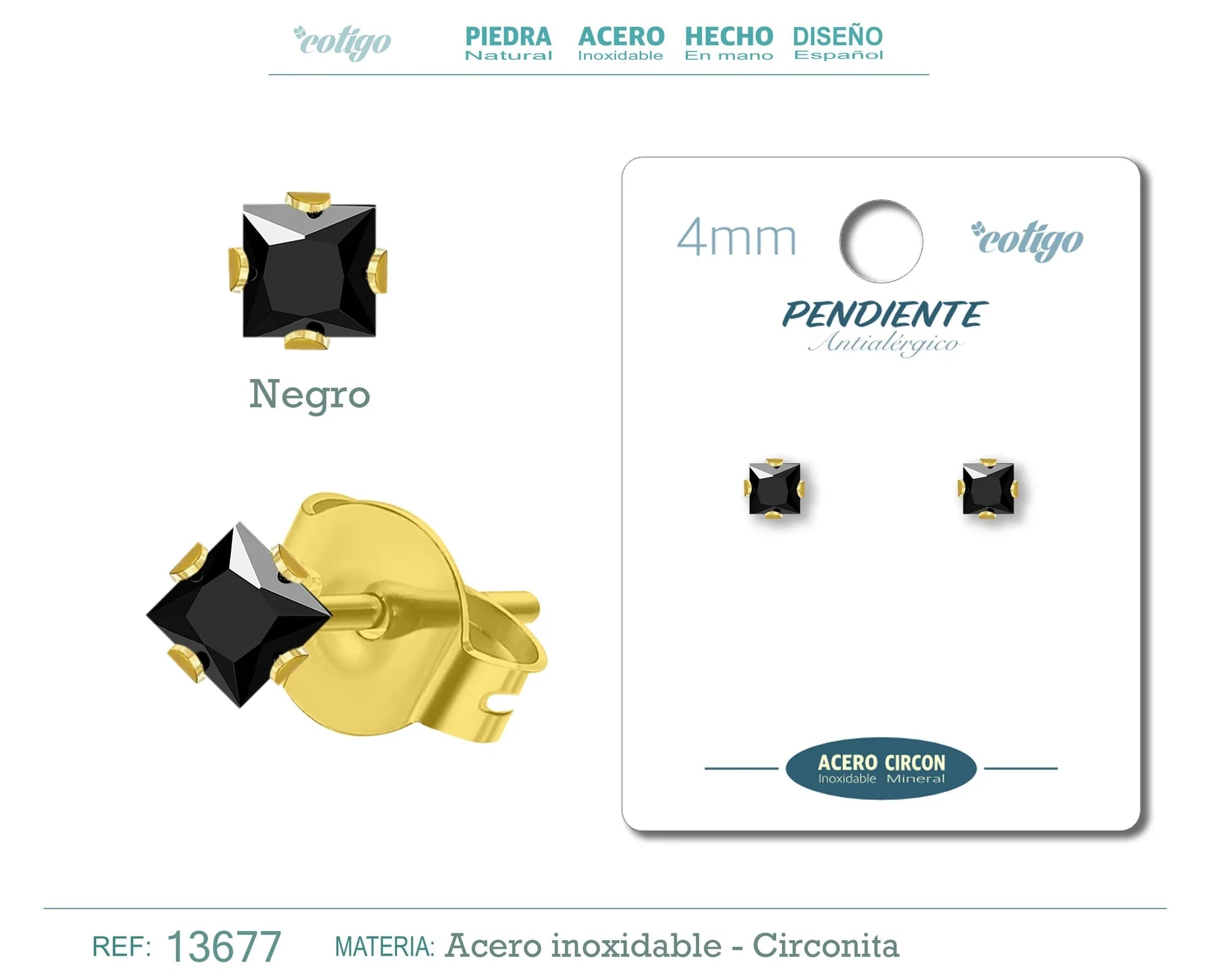 Pendiente Circonita Cuadrada Negra 4 mm Acero Dorado