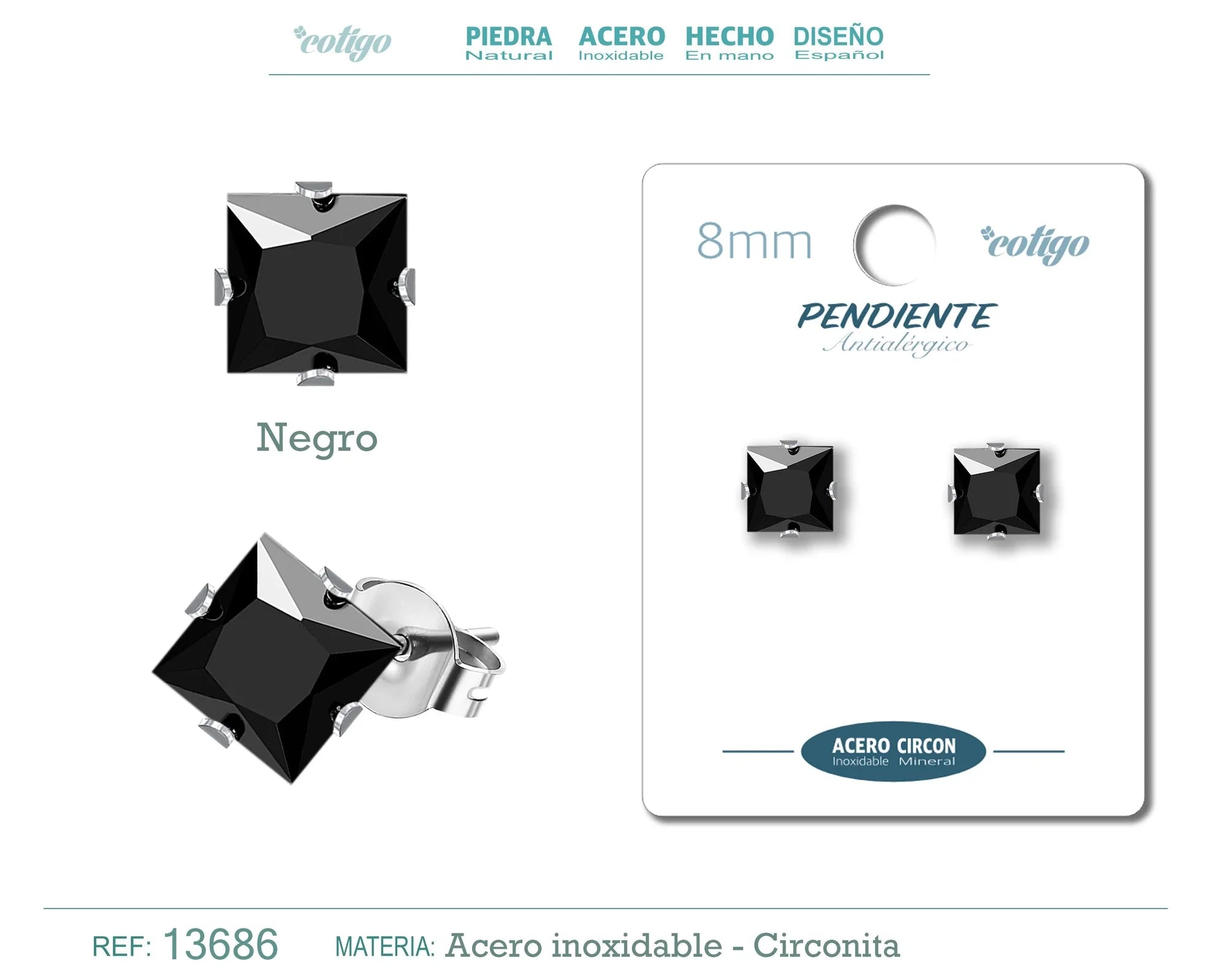Pendiente Circonita Cuadrada Negra 8 mm Acero Plateado