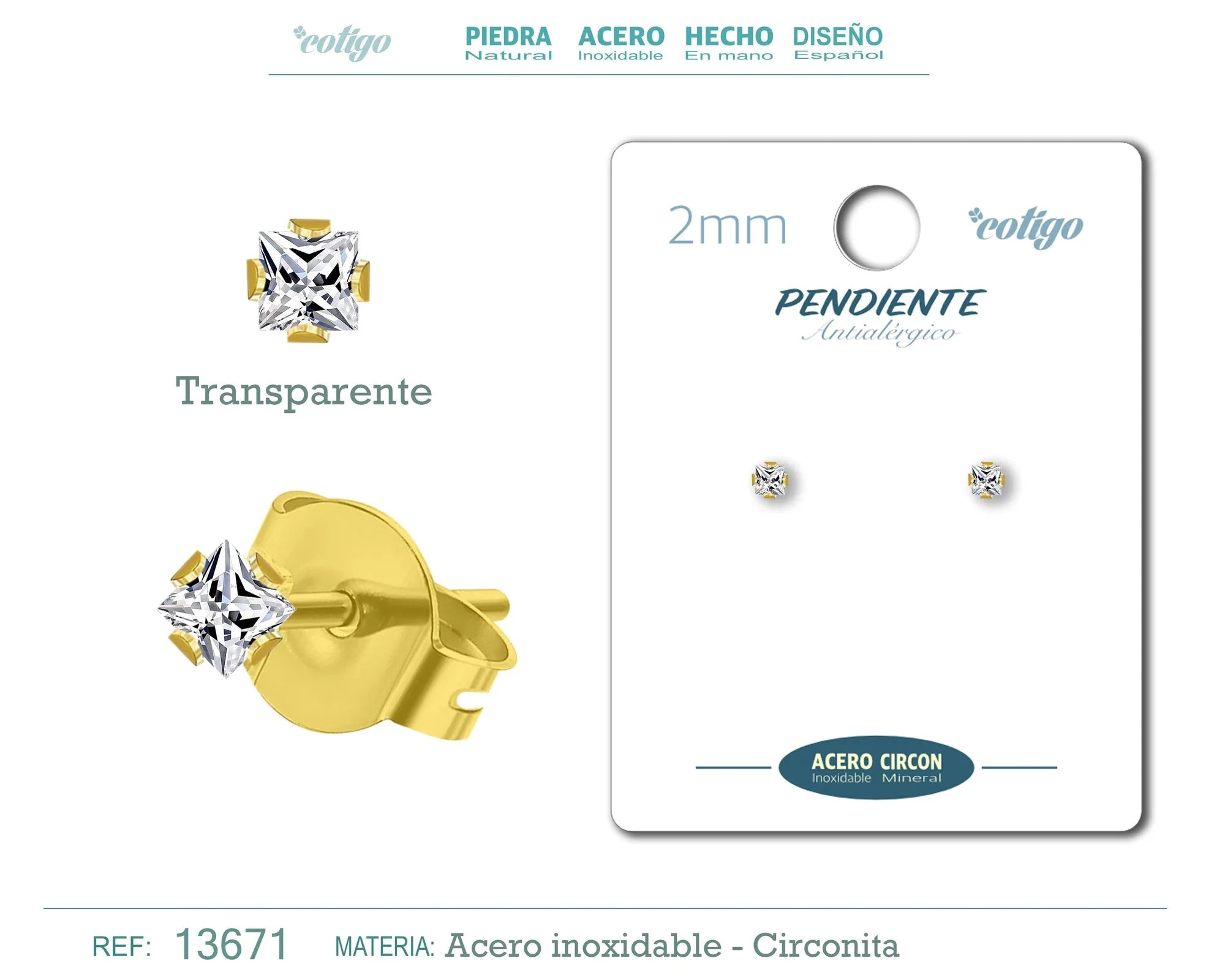Pendiente Circonita Cuadrada Transparente 2 mm Acero Dorado