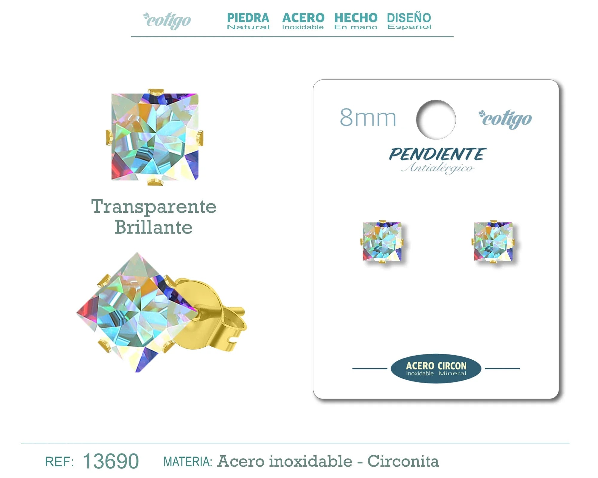 Pendiente Circonita Cuadrada Transparente Brillante 8 mm Acero Dorado