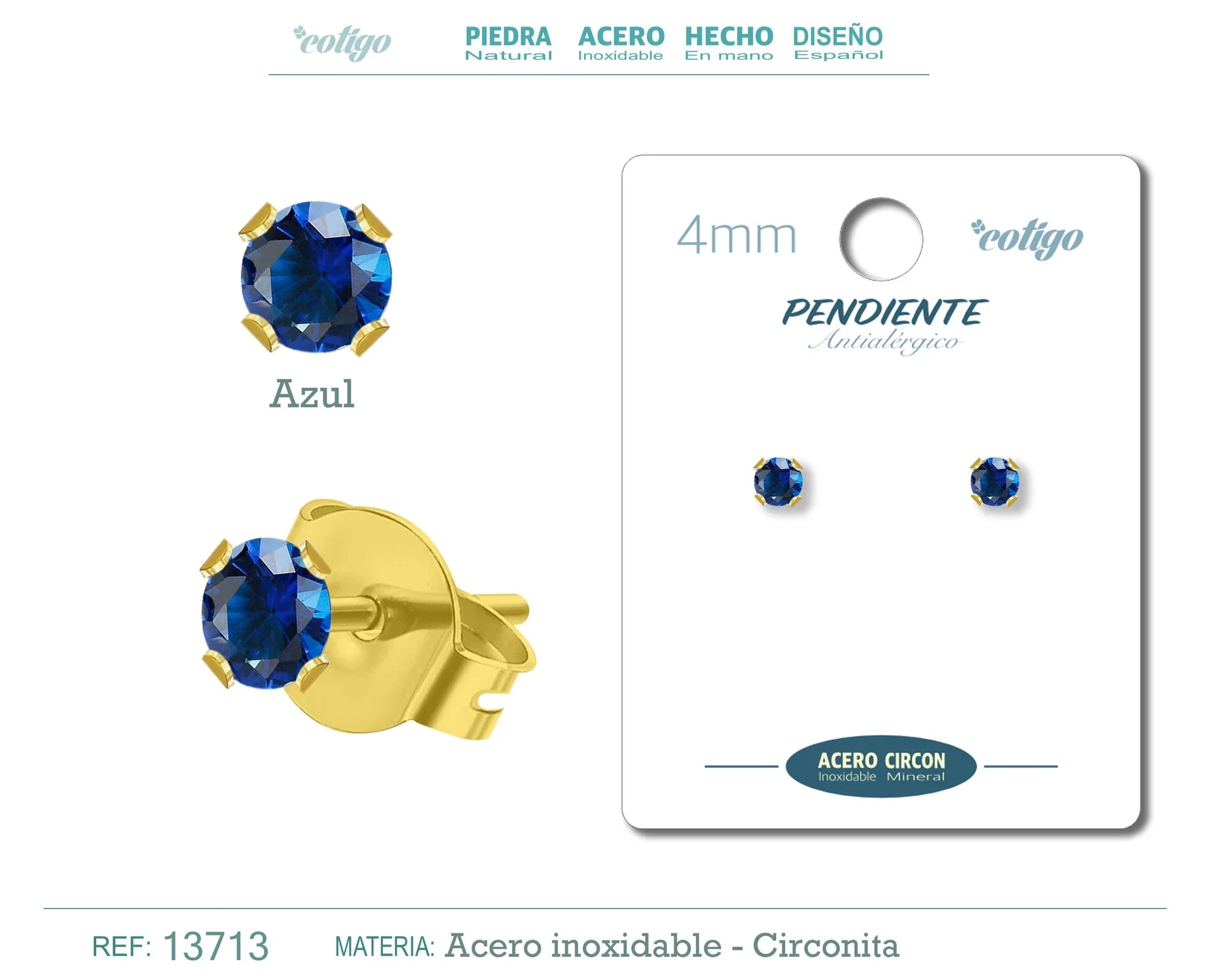Pendiente Circonita Redonda Azul 4 mm Acero Dorado