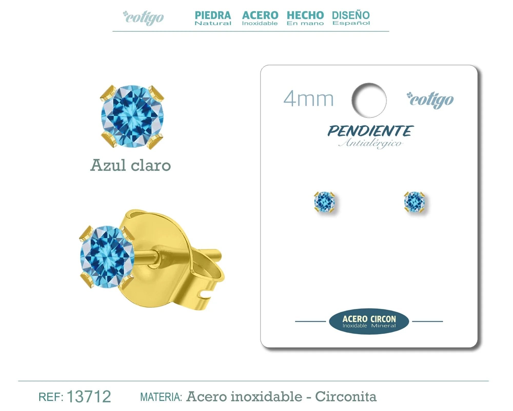 Pendiente Circonita Redonda Azul Claro 4 mm Acero Dorado