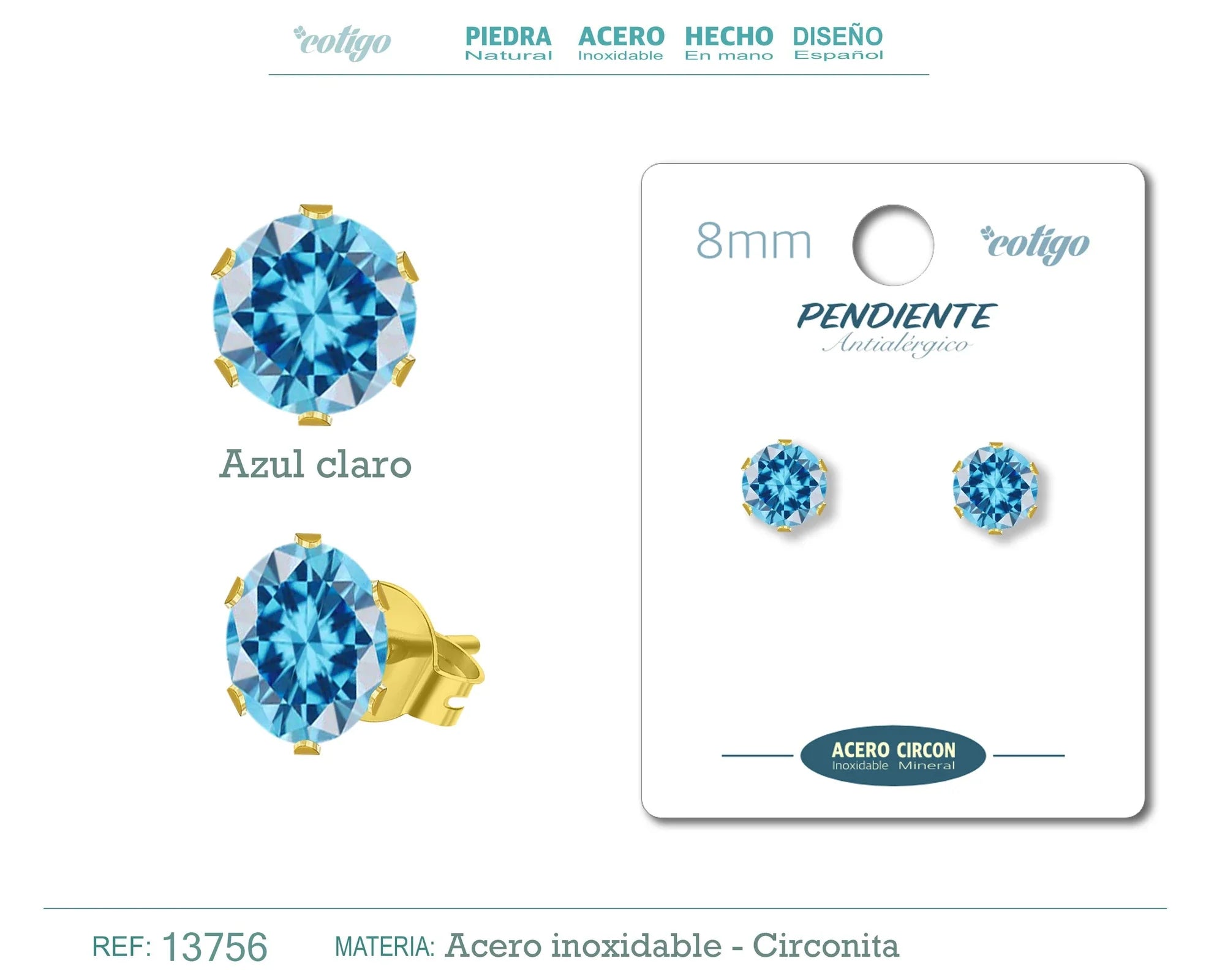 Pendiente Circonita Redonda Azul Claro 8 mm Acero Dorado