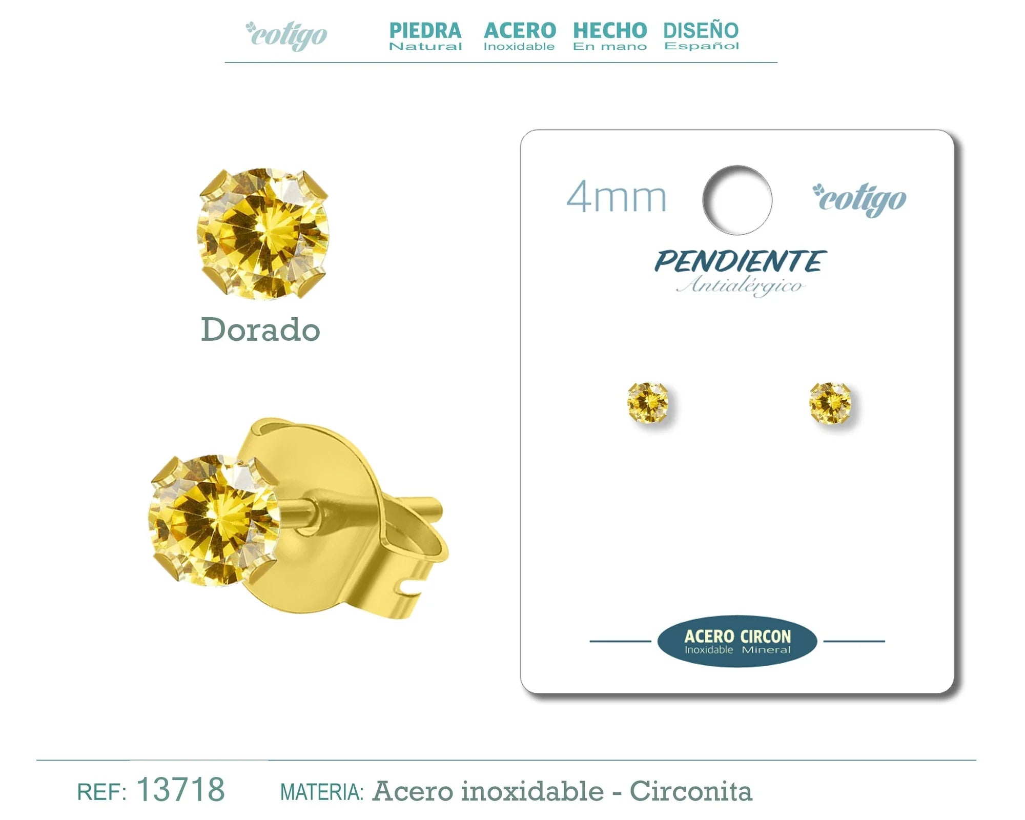 Pendiente Circonita Redonda Dorada 4 mm Acero Dorado
