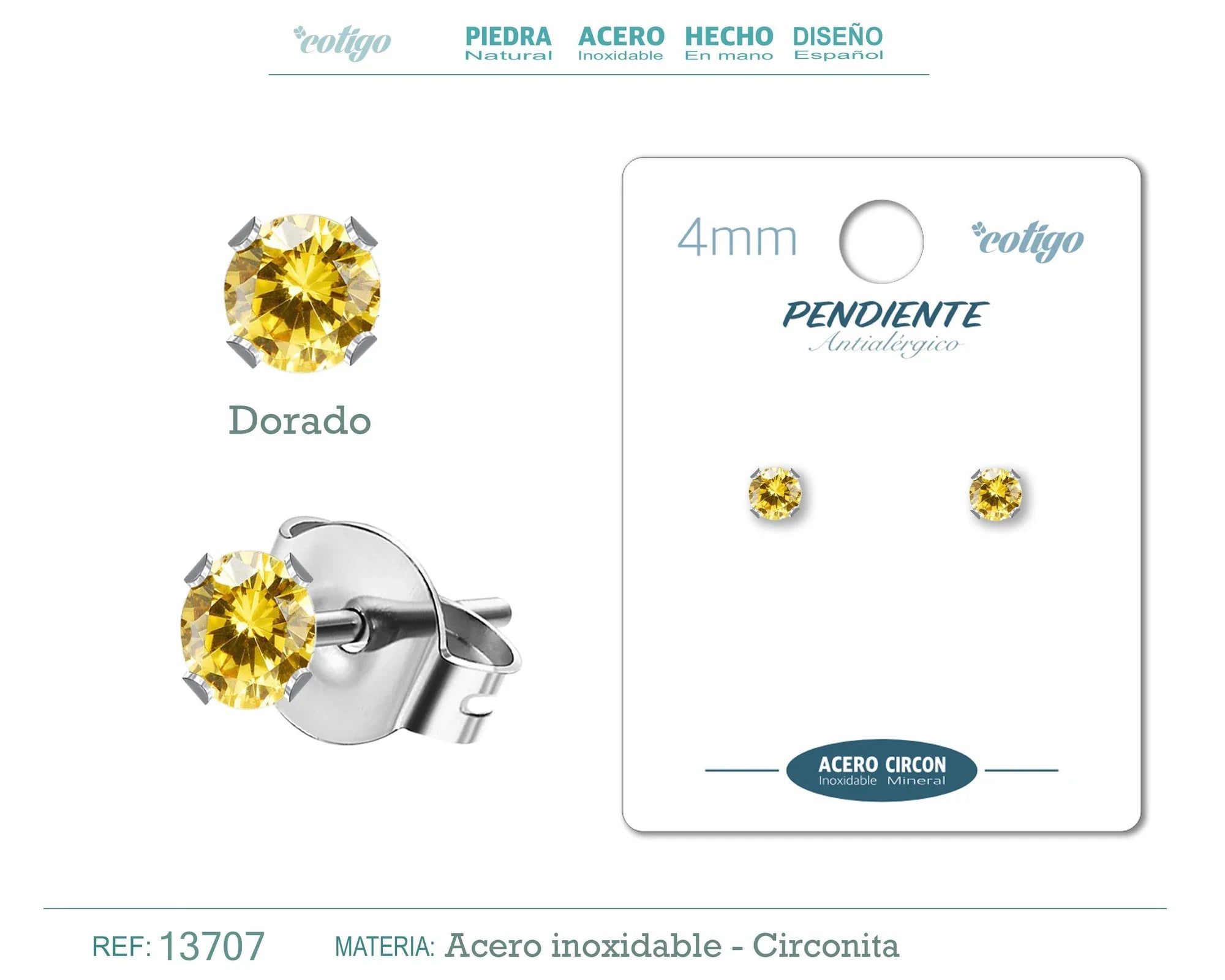 Pendiente Circonita Redonda Dorada 4 mm Acero Plateado