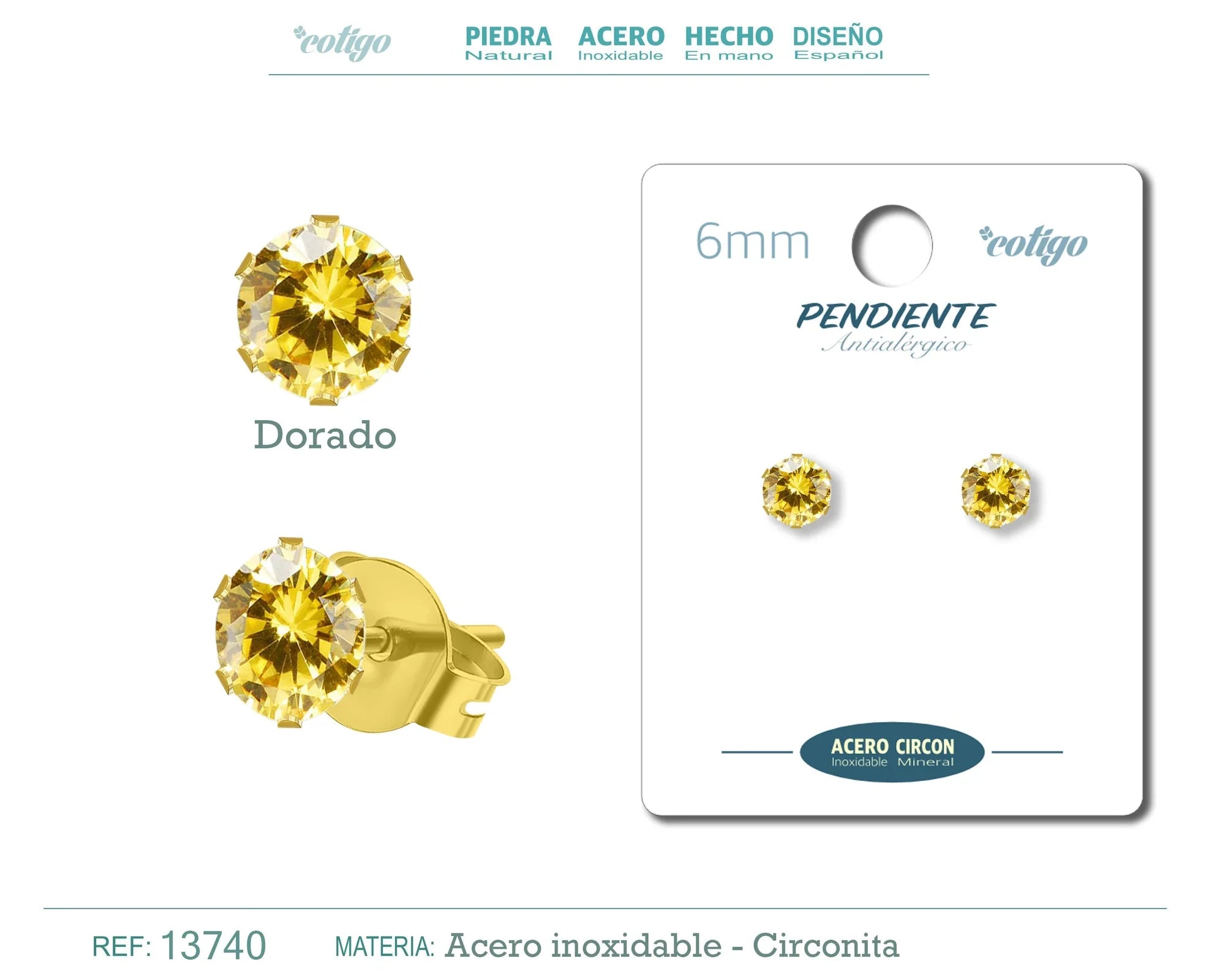 Pendiente Circonita Redonda Dorada 6 mm Acero Dorado
