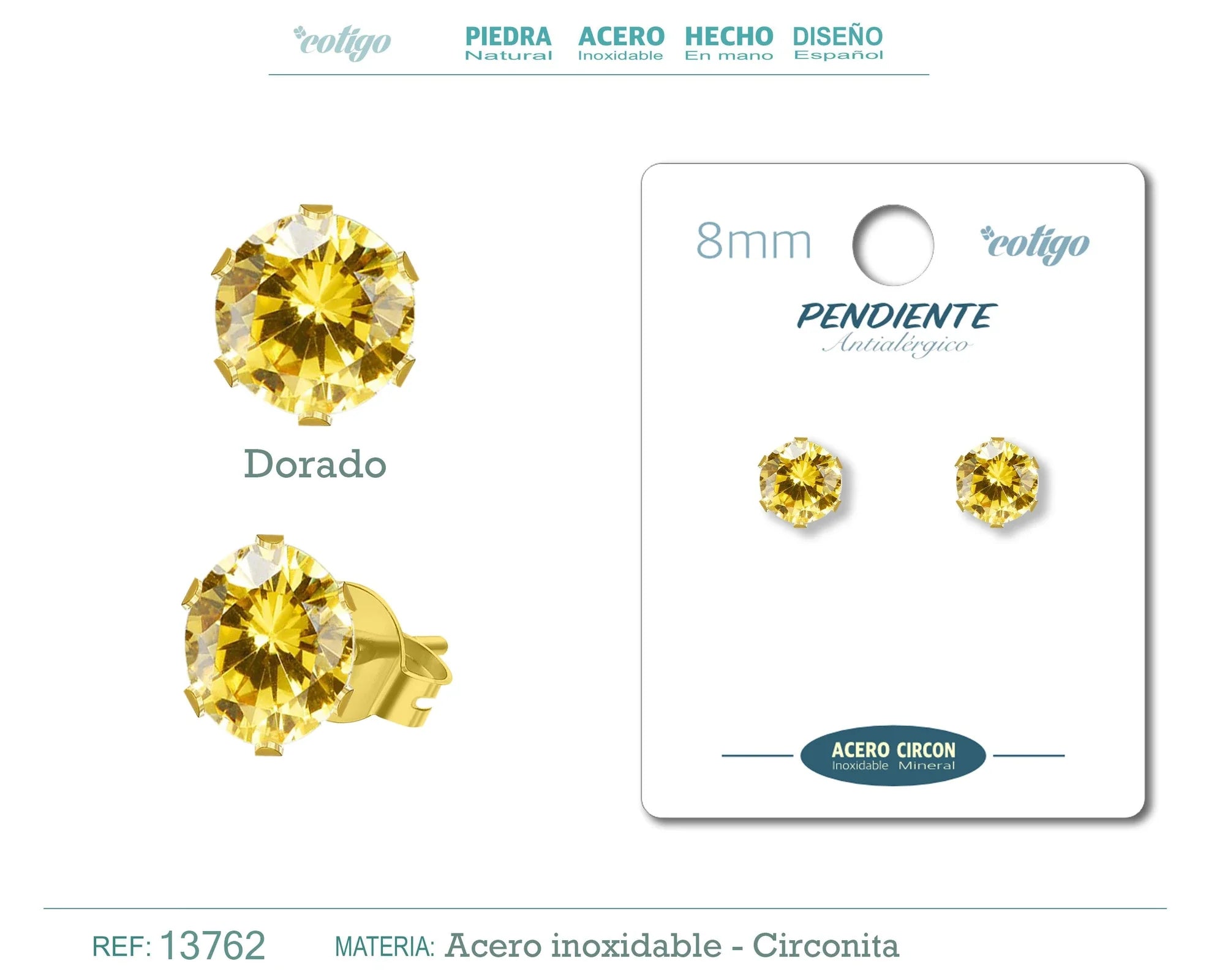 Pendiente Circonita Redonda Dorada 8 mm Acero Dorado