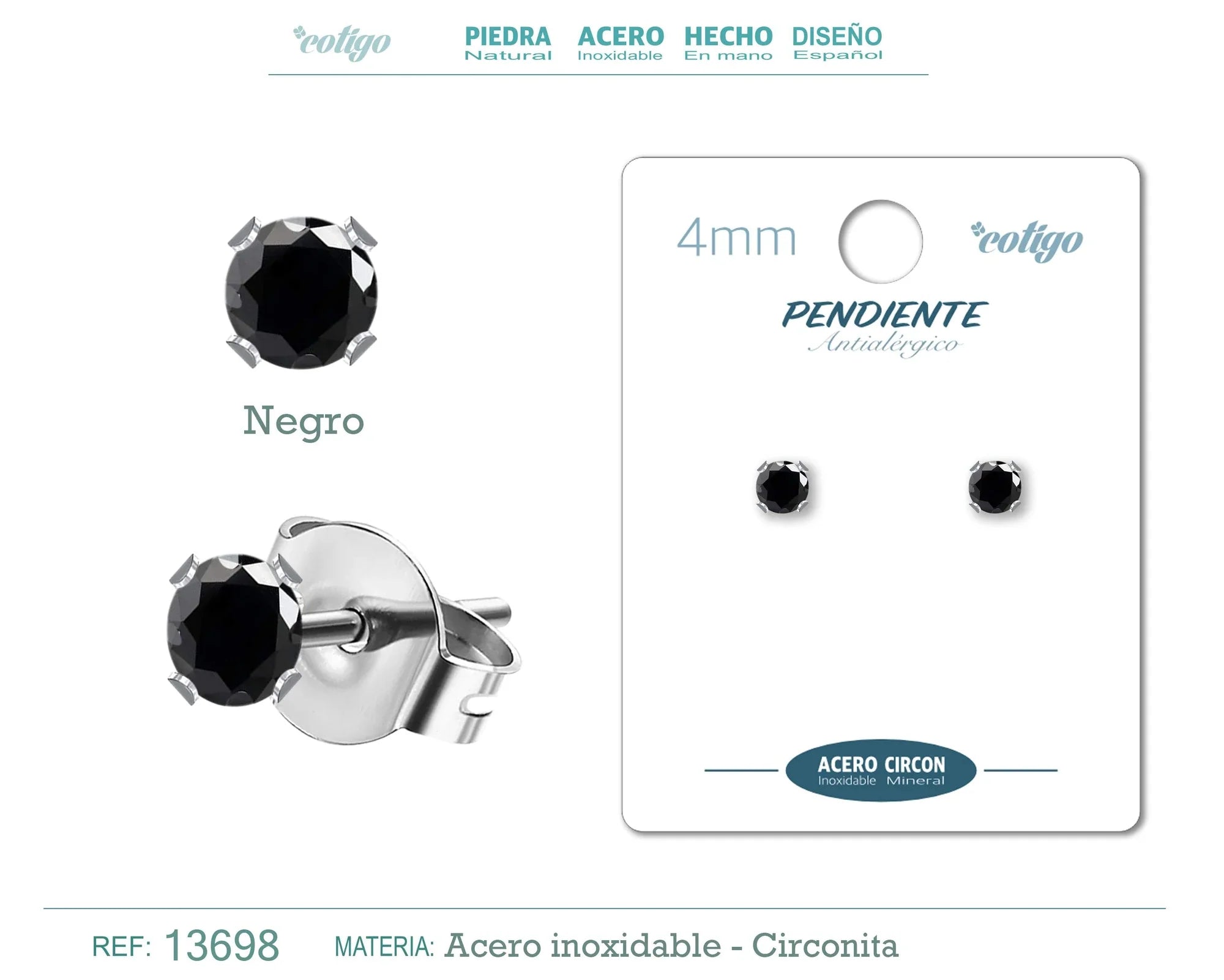 Pendiente Circonita Redonda Negra 4 mm Acero Plateado