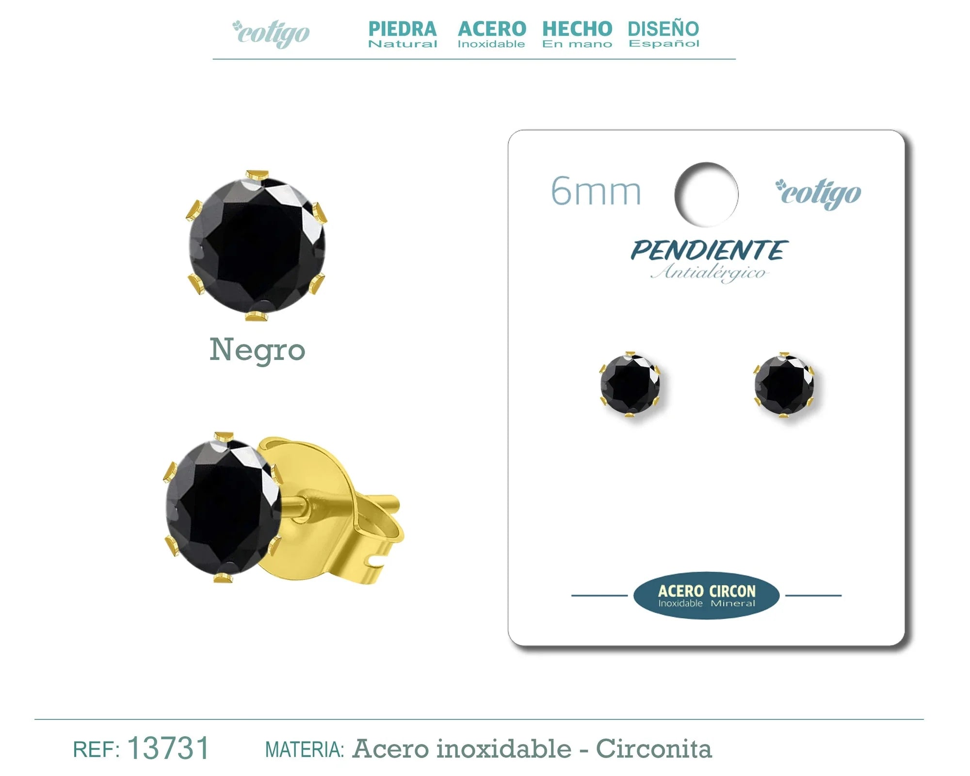 Pendiente Circonita Redonda Negra 6 mm Acero Dorado