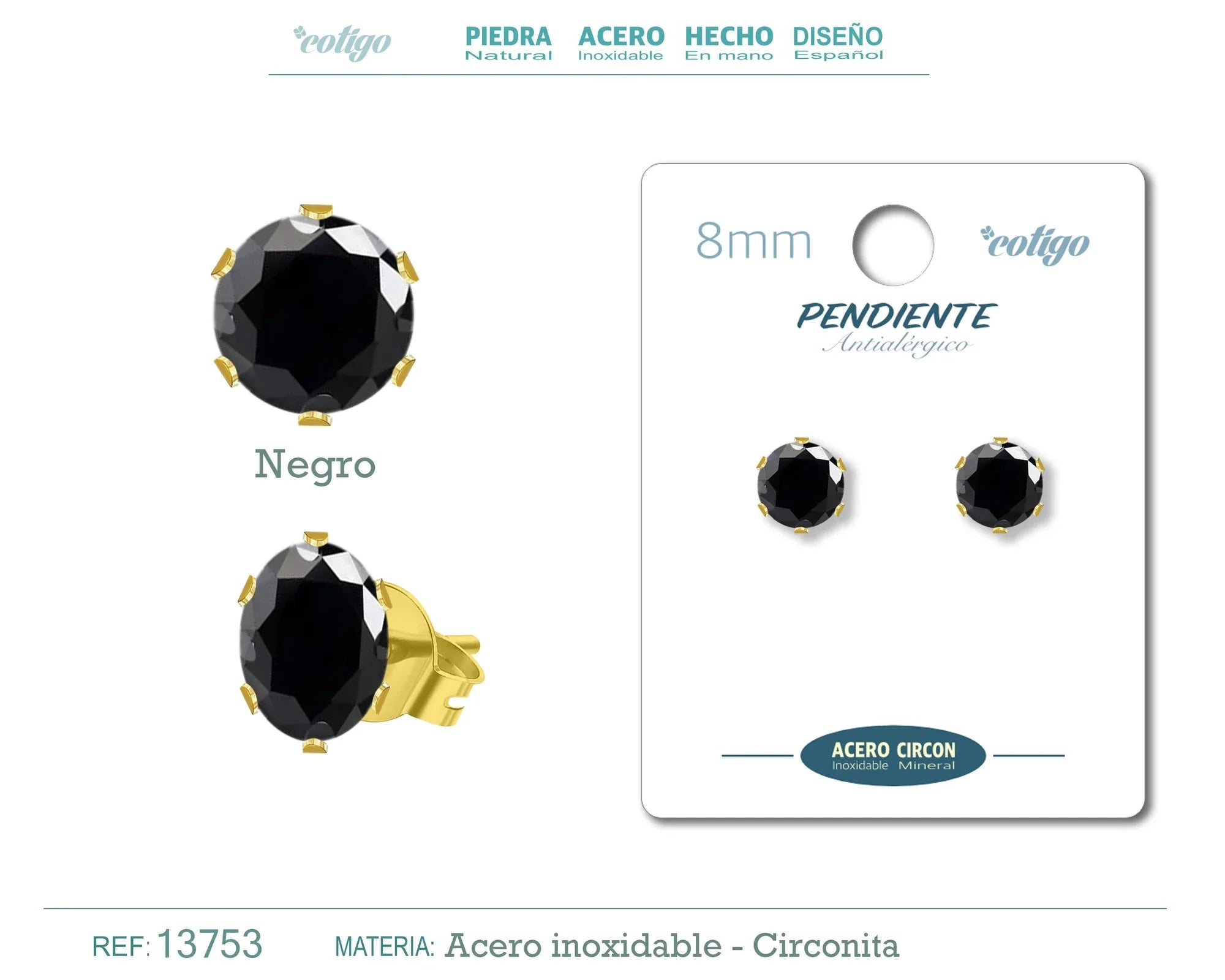 Pendiente Circonita Redonda Negra 8 mm Acero Dorado