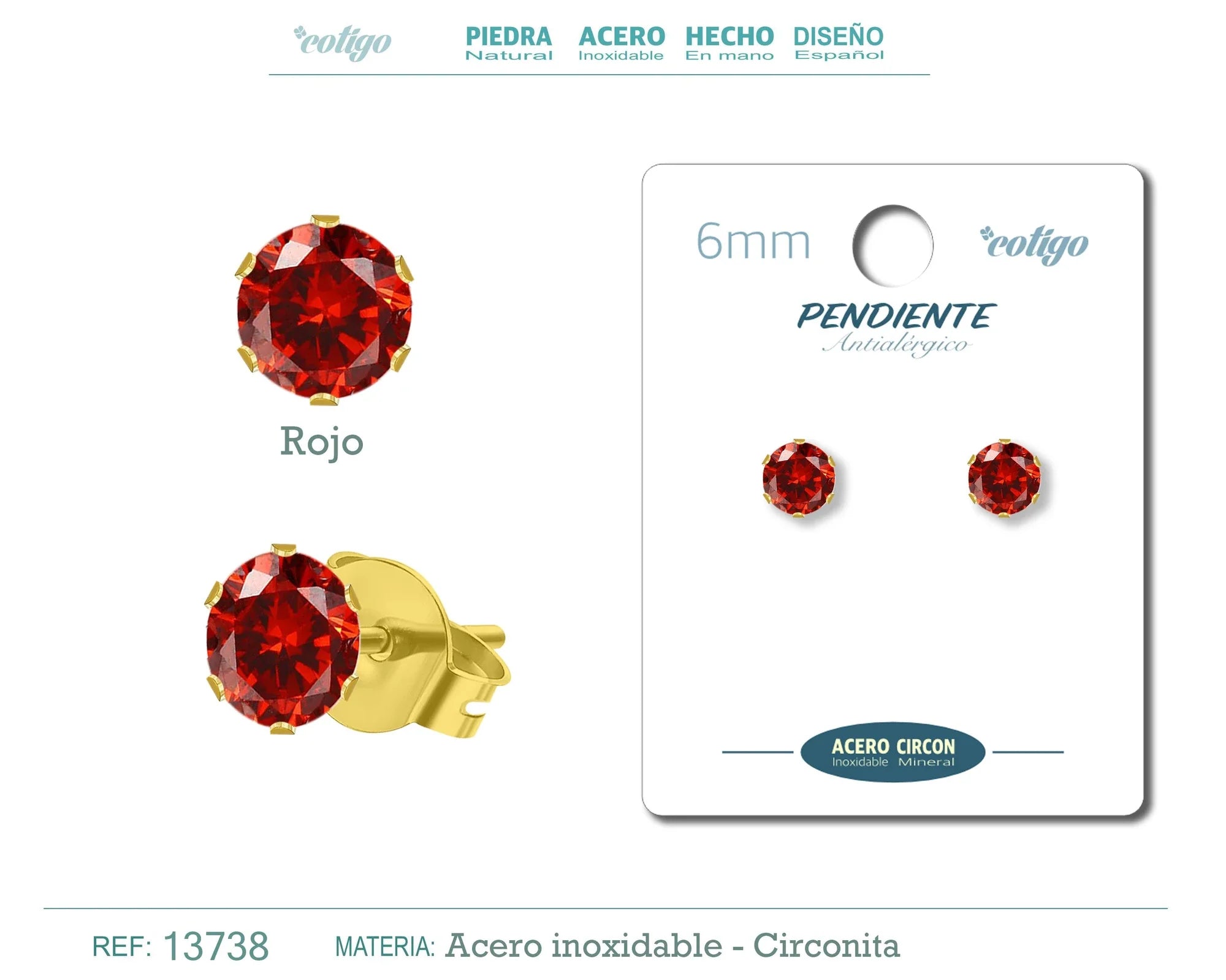 Pendiente Circonita Redonda Roja 6 mm Acero Dorado