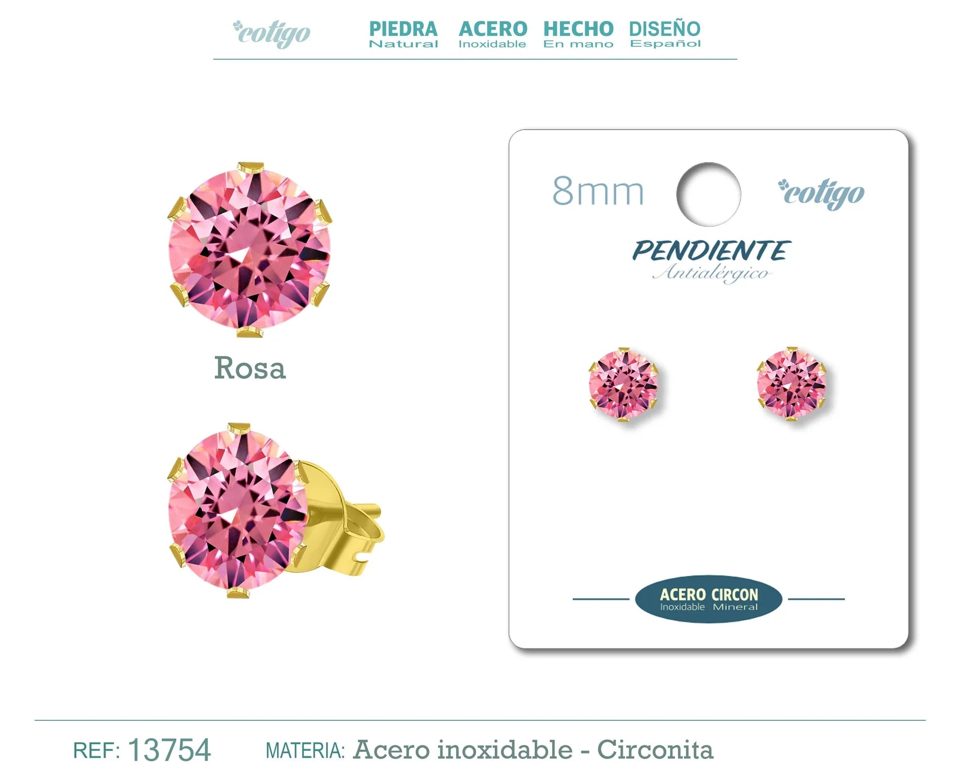Pendiente Circonita Redonda Rosa 8 mm Acero Dorado