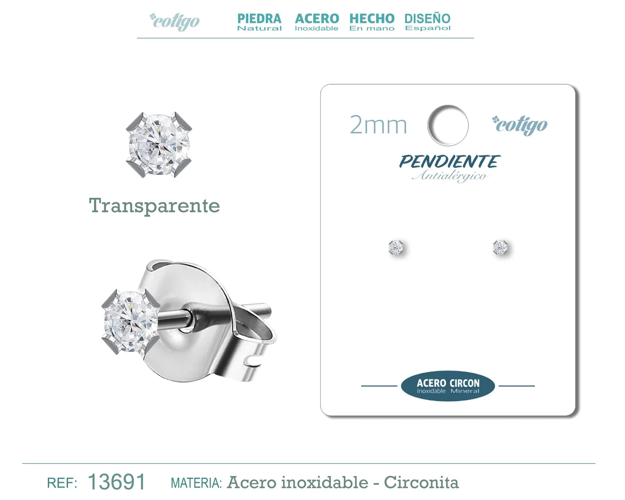 Pendiente Circonita Redonda Transparente 2 mm Acero Plateado
