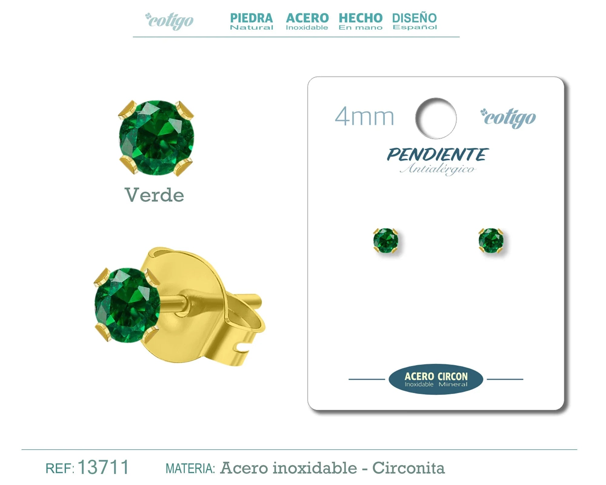 Pendiente Circonita Redonda Verde 4 mm Acero Dorado
