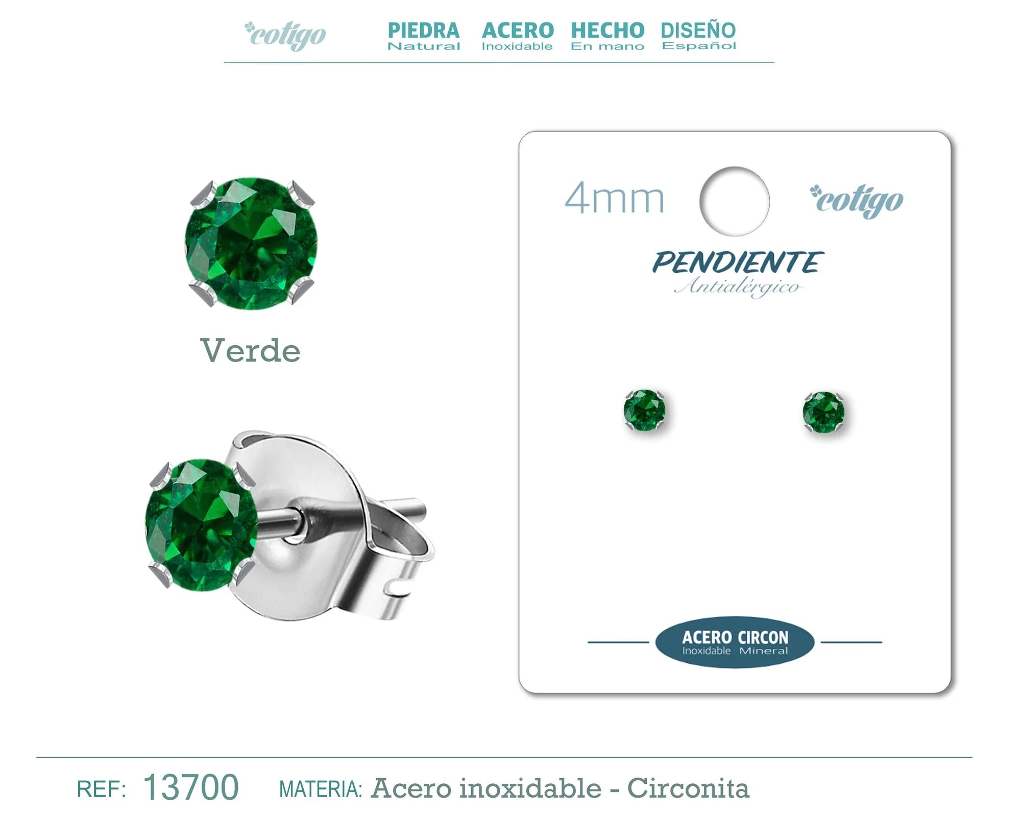 Pendiente Circonita Redonda Verde 4 mm Acero Plateado