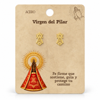 Par de pendientes Virgen del Pilar de color dorado sobre su tarjeta