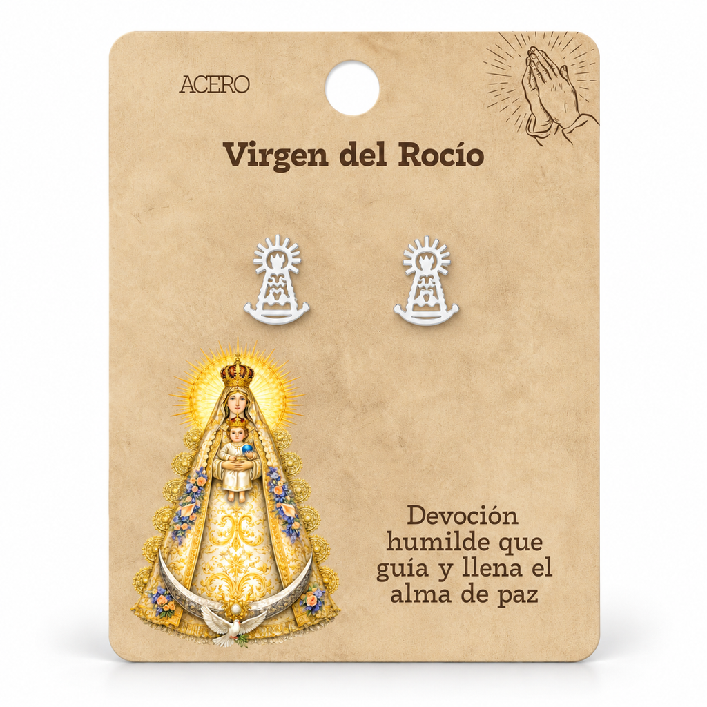 Par de pendientes Virgen del Rocío de color plateado sobre su tarjeta