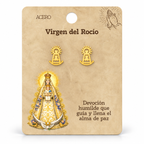 Par de pendientes Virgen del Rocío de color dorado sobre su tarjeta
