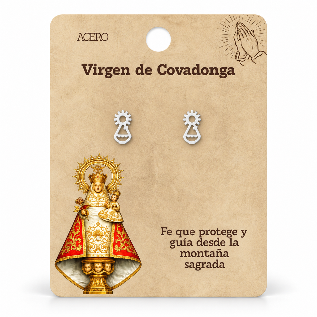 Par de pendientes Virgen de Covadonga de color plateado sobre su tarjeta