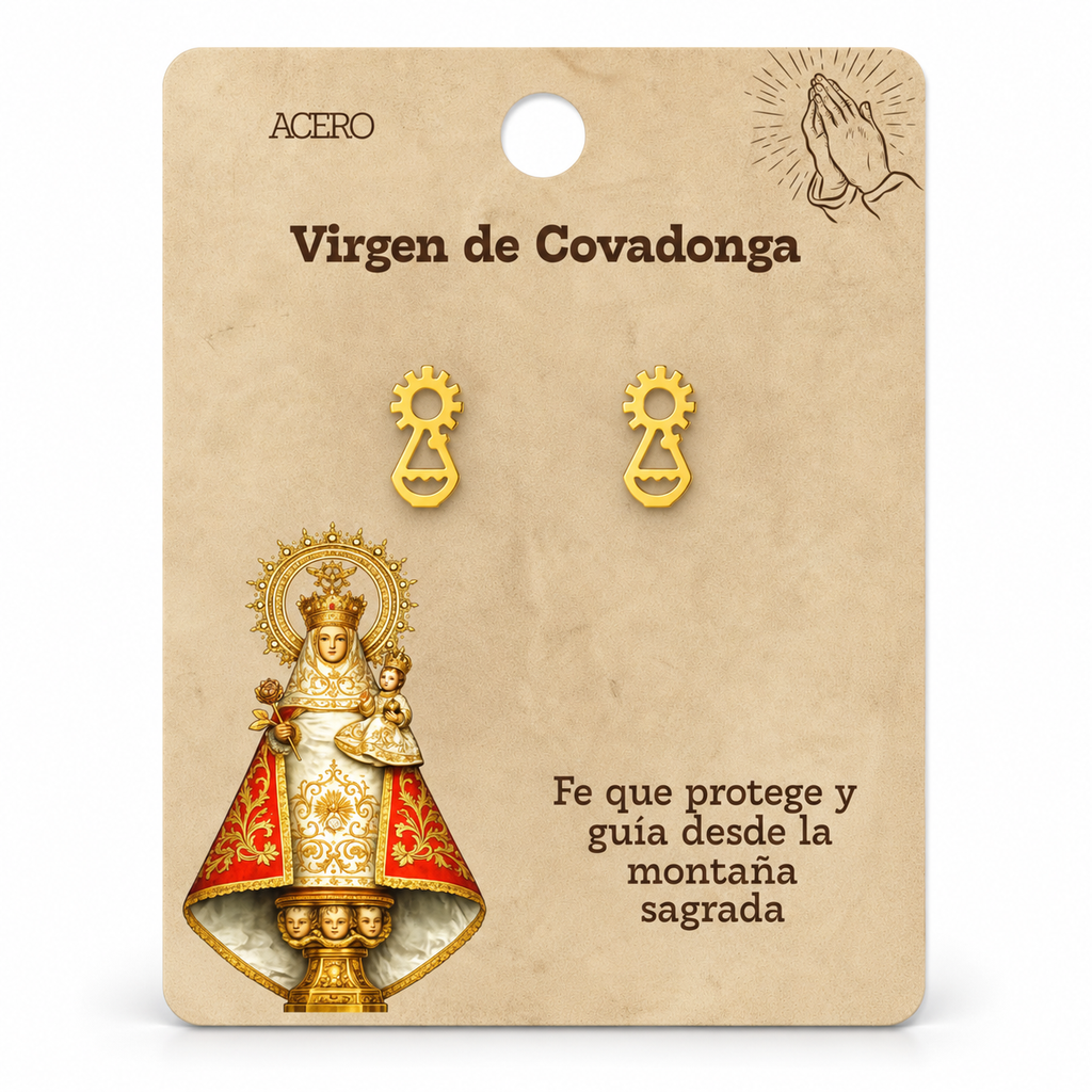 Par de pendientes Virgen de Covadonga de color dorado sobre su tarjeta