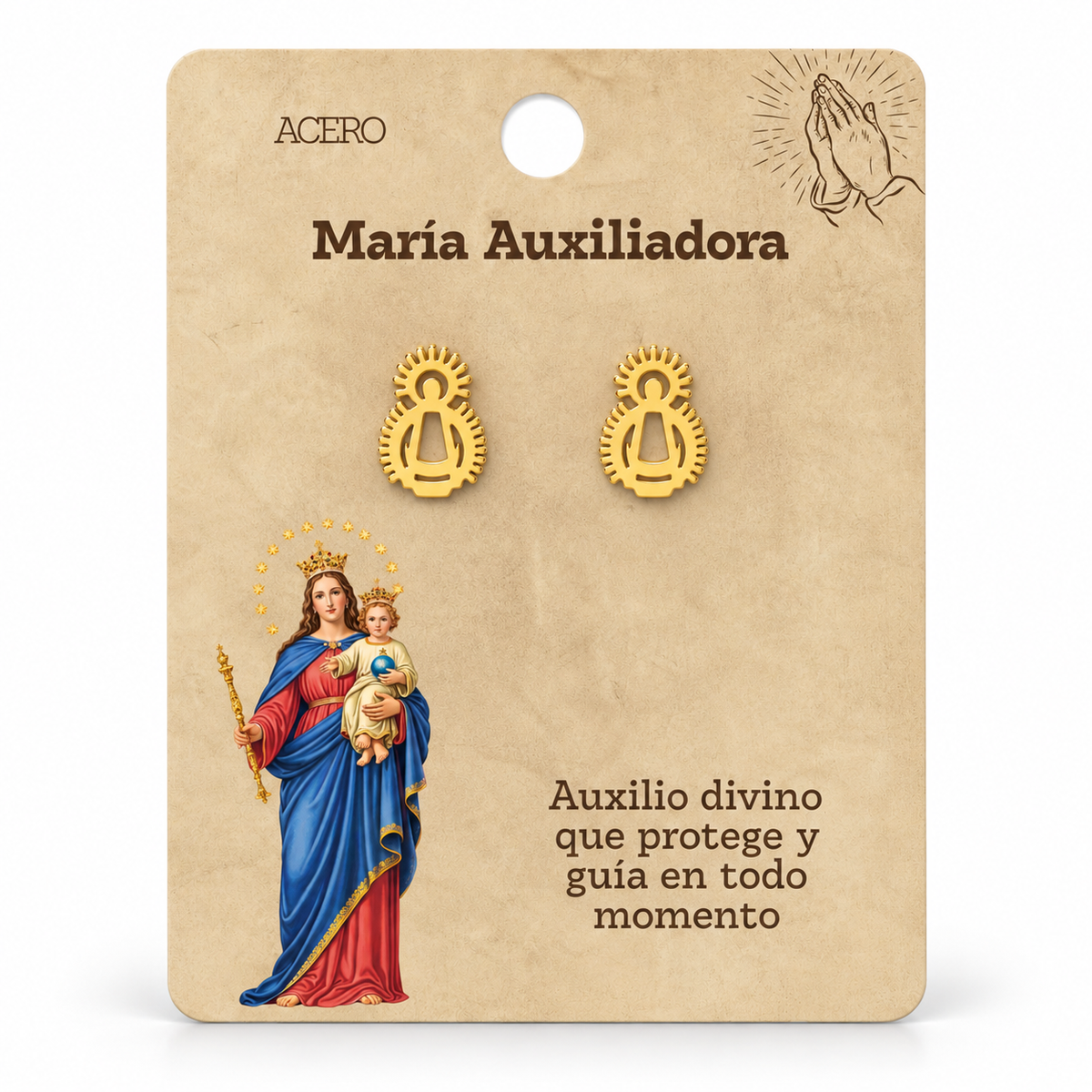 Par de pendientes María Auxiliadora de color dorado sobre su tarjeta