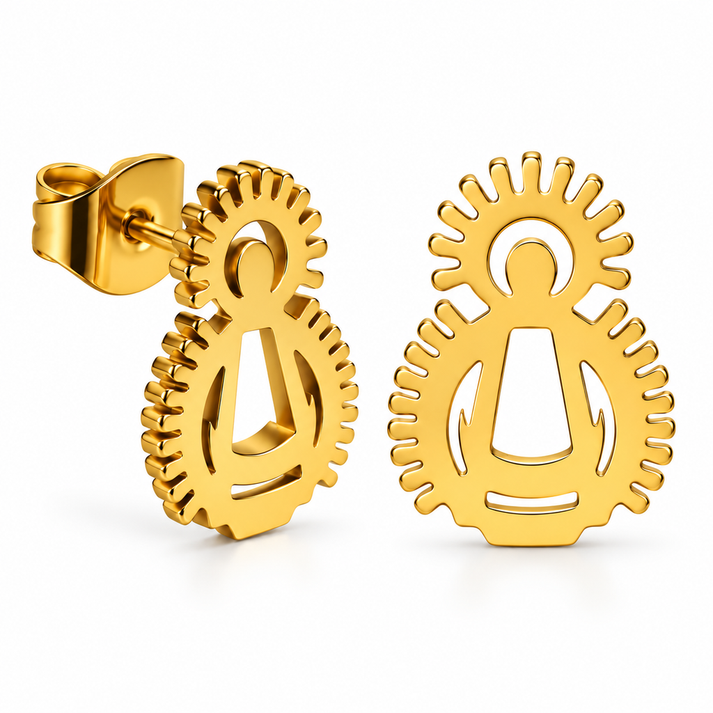 Par de pendientes de botón María Auxiliadora de acero inoxidable, color dorado