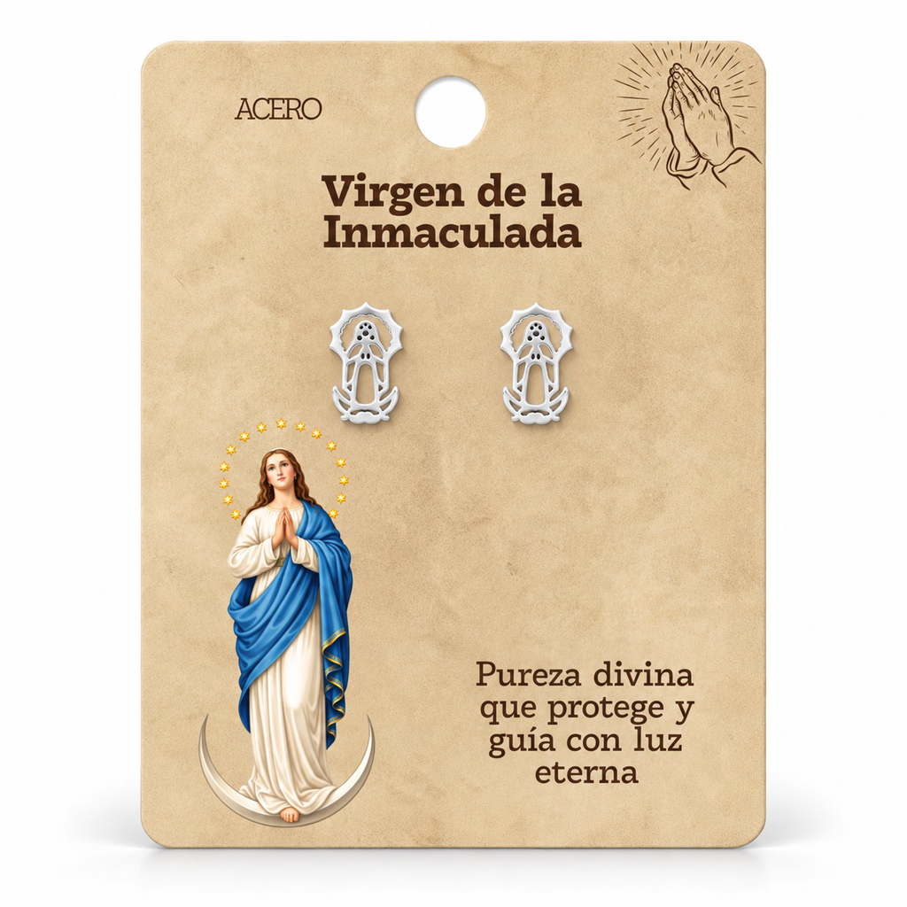 Par de pendientes Virgen de la Inmaculada de color plateado sobre su tarjeta
