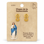 Par de pendientes Virgen de la Inmaculada de color dorado sobre su tarjeta