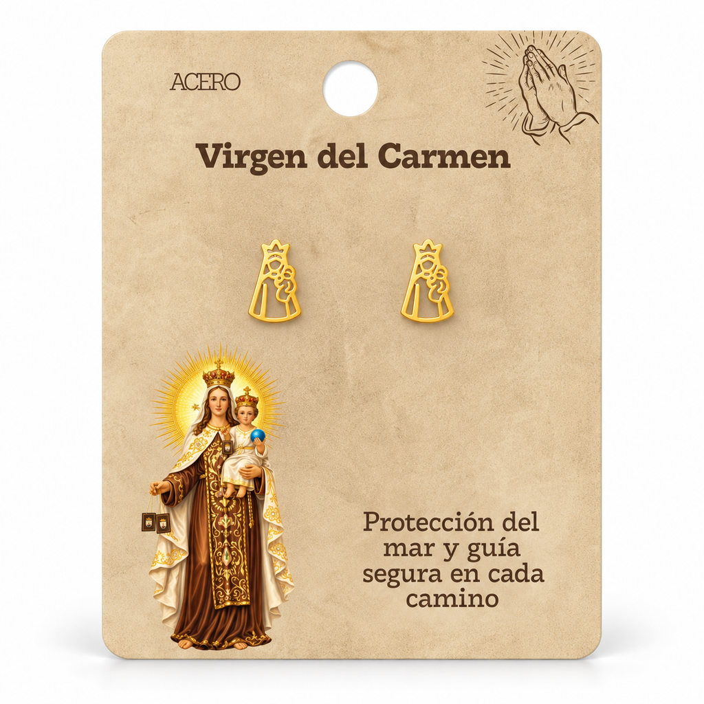 Par de pendientes Virgen del Carmen de color dorado sobre su tarjeta