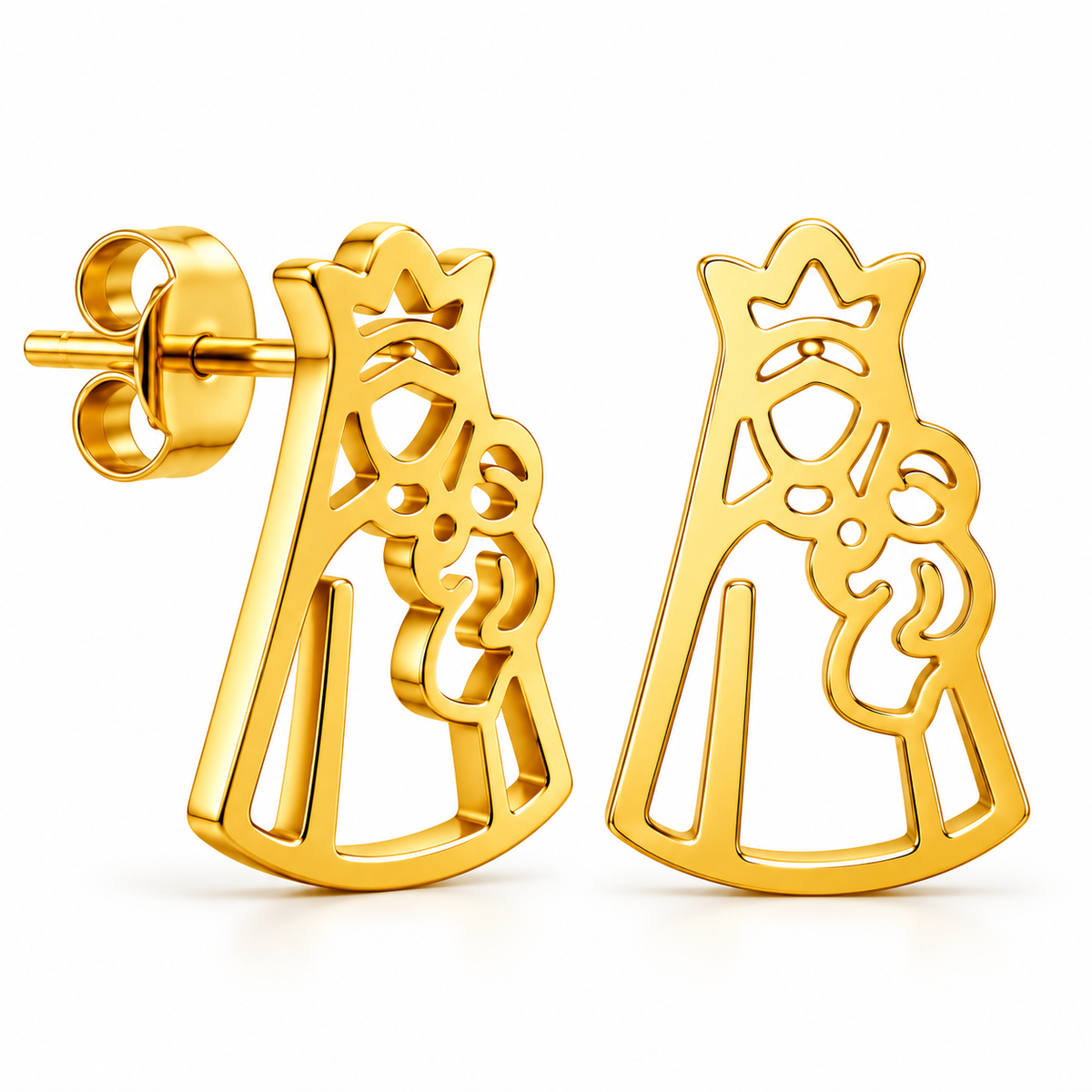 Par de pendientes de botón Virgen del Carmen de acero inoxidable, color dorado