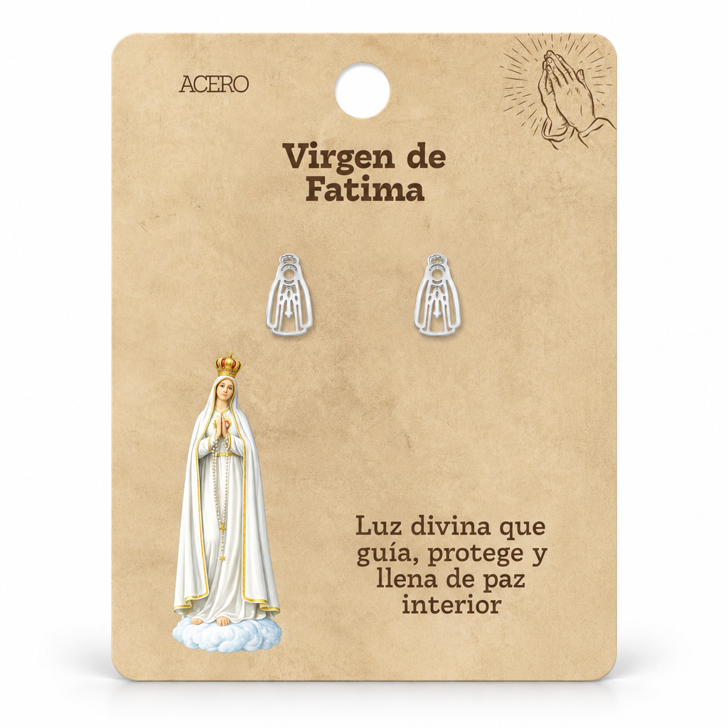 Par de pendientes Virgen de Fátima de color plateado sobre su tarjeta