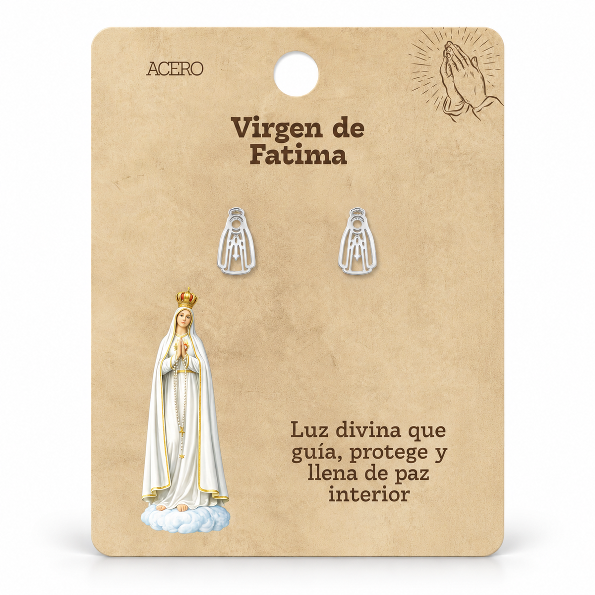Par de pendientes Virgen de Fátima de color plateado sobre su tarjeta