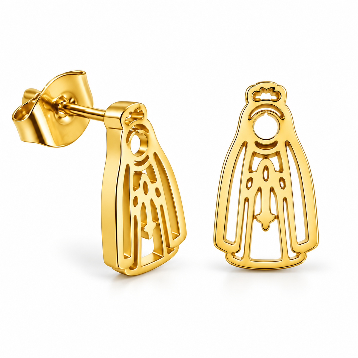 Par de pendientes de botón Virgen de Fátima de acero inoxidable, color dorado