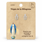 Par de pendientes Virgen de la Milagrosa de color plateado sobre su tarjeta