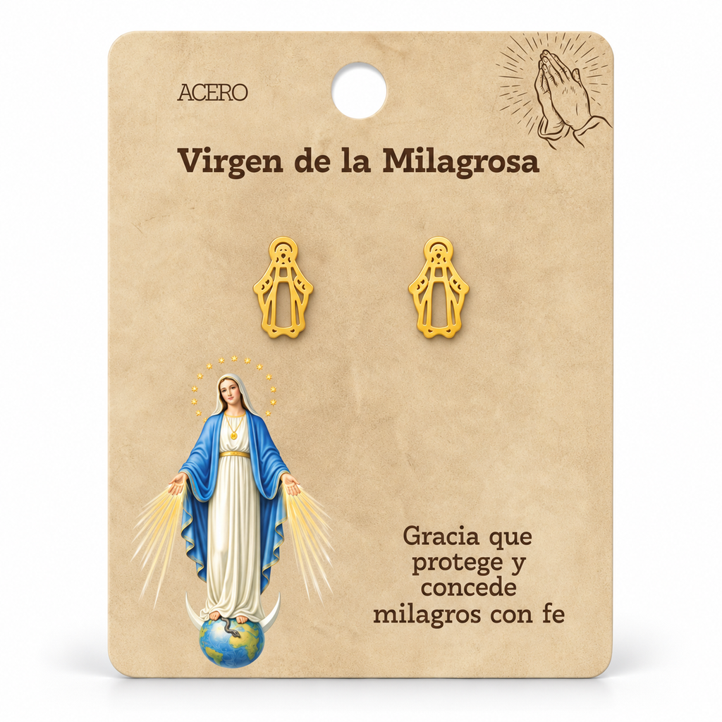 Par de pendientes Virgen de la Milagrosa de color dorado sobre su tarjeta