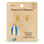 Par de pendientes Virgen de la Milagrosa de color dorado sobre su tarjeta