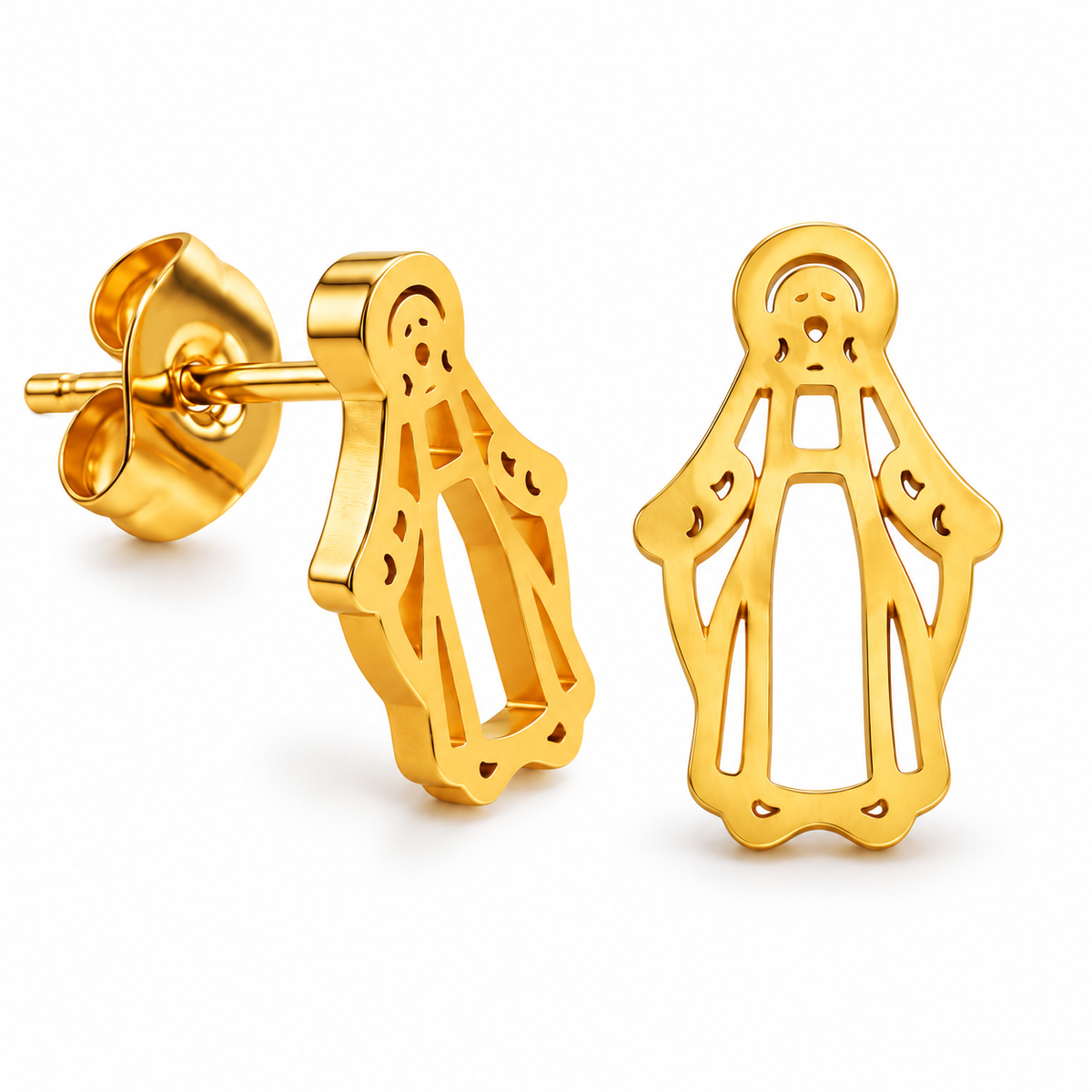 Par de pendientes de botón Virgen de la Milagrosa de acero inoxidable, color dorado
