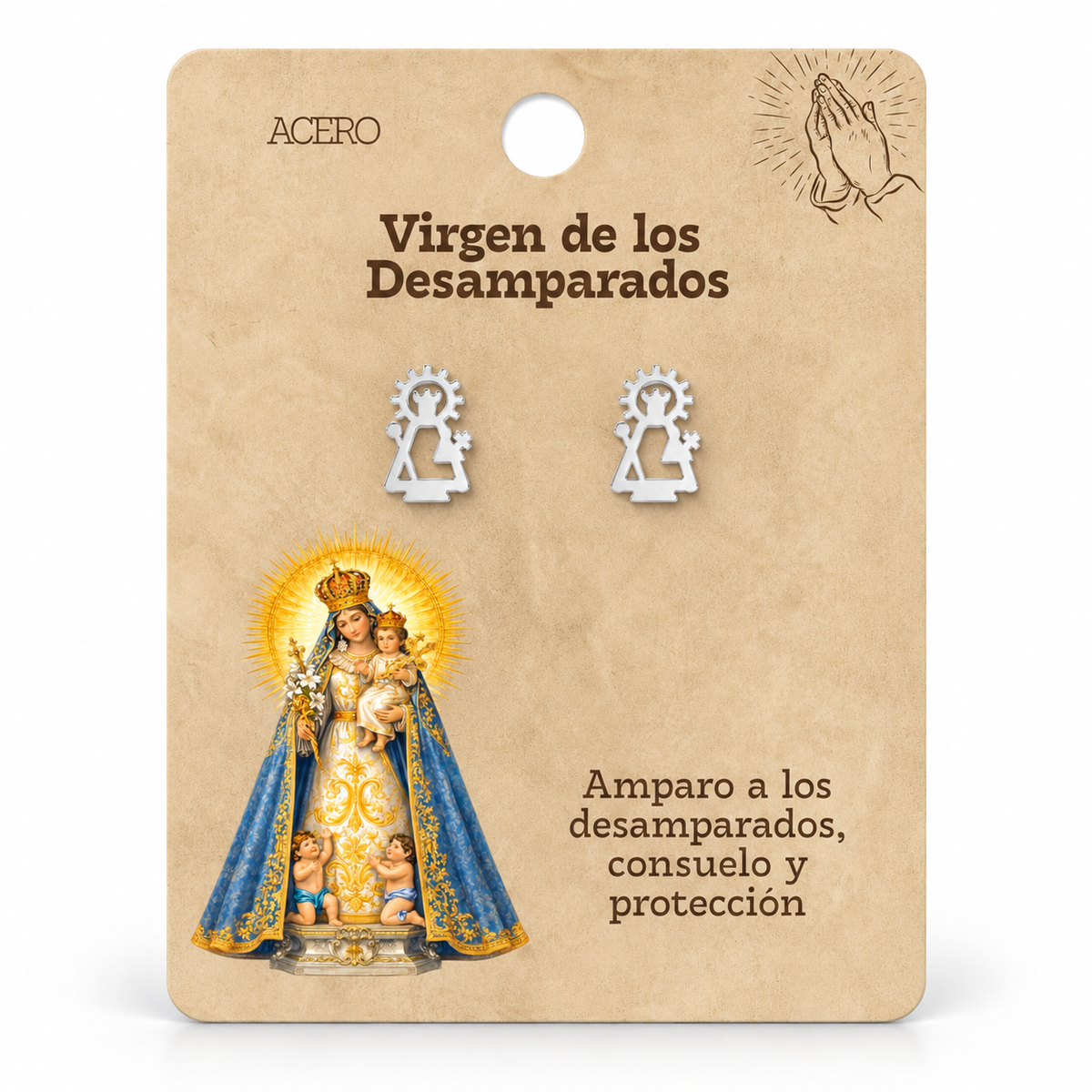 Par de pendientes Virgen de los Desamparados de color plateado sobre su tarjeta