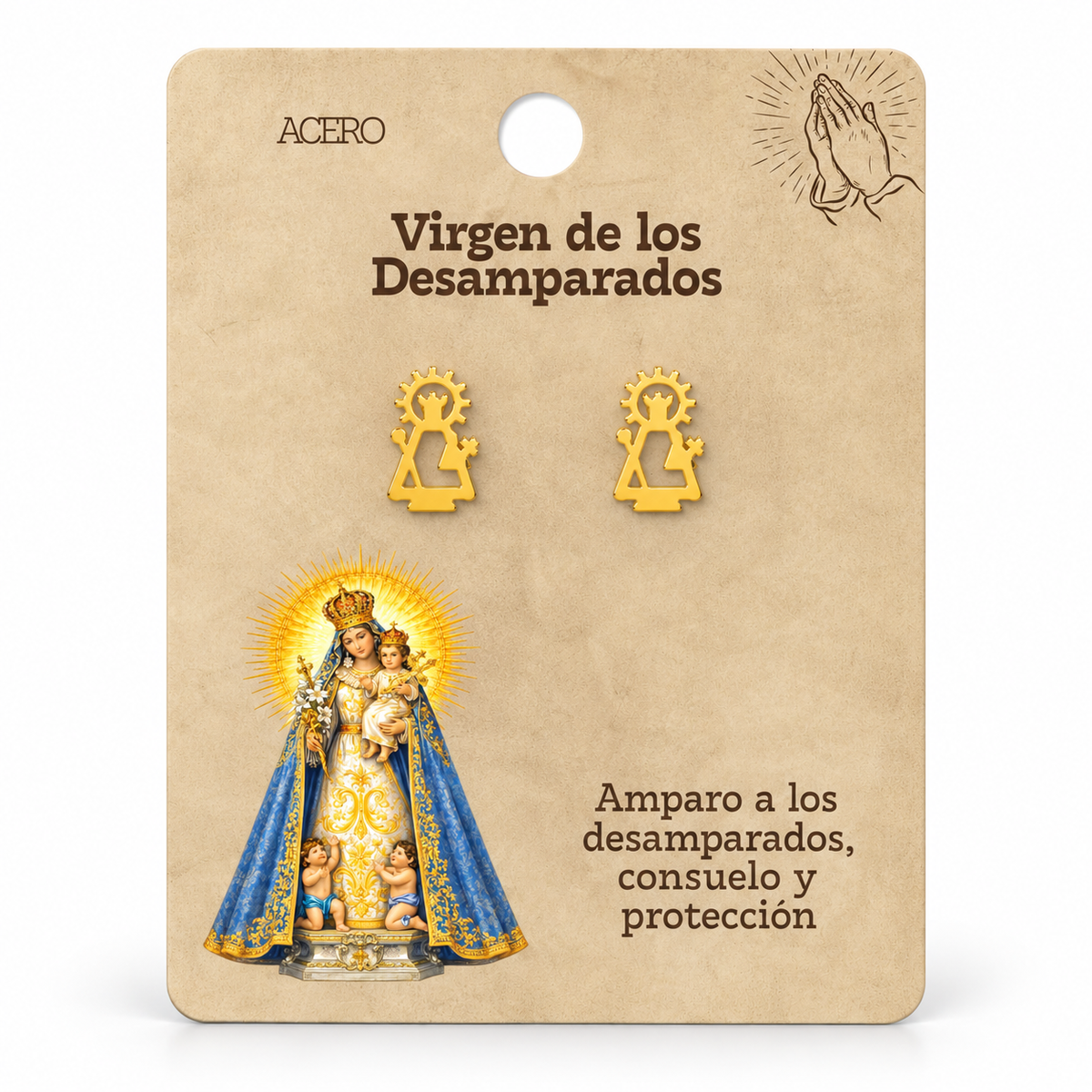 Par de pendientes Virgen de los Desamparados de color dorado sobre su tarjeta